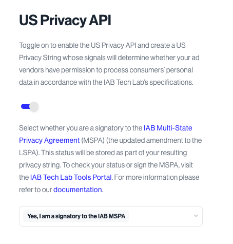 The toggle which enables the US Privacy API