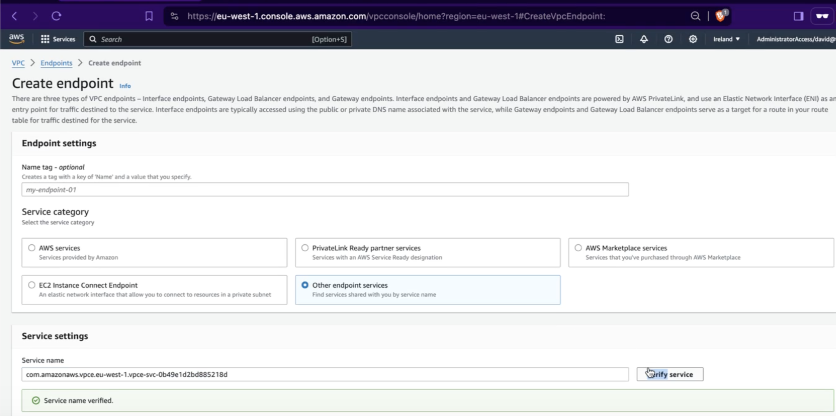 AWS Console Create Endpoint