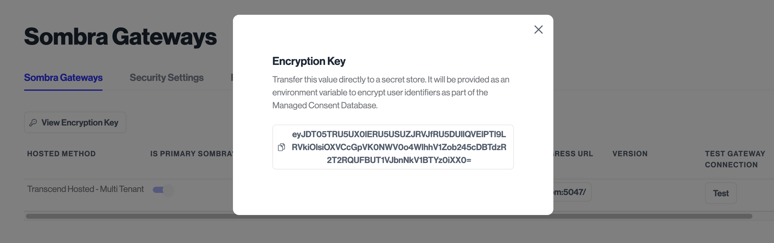 Sombra configuration page in the Admin Dashboard showing an example encryption key