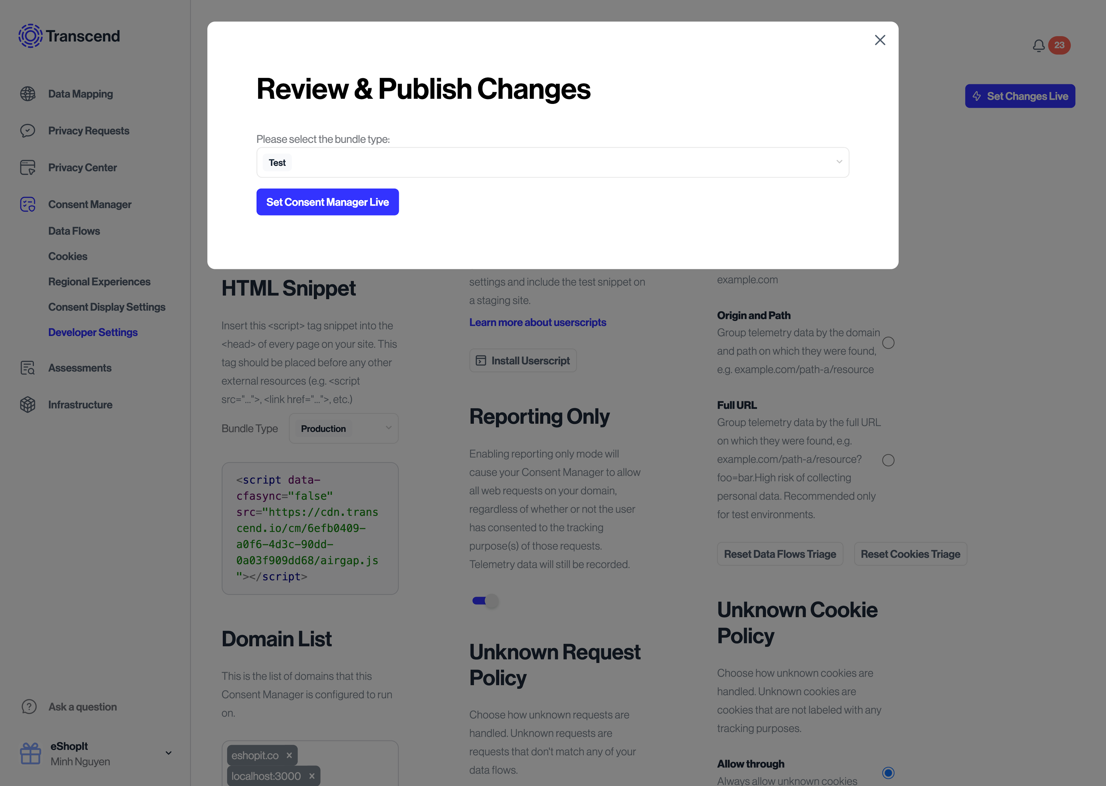 Modal to Review and Publish Changes For Consent