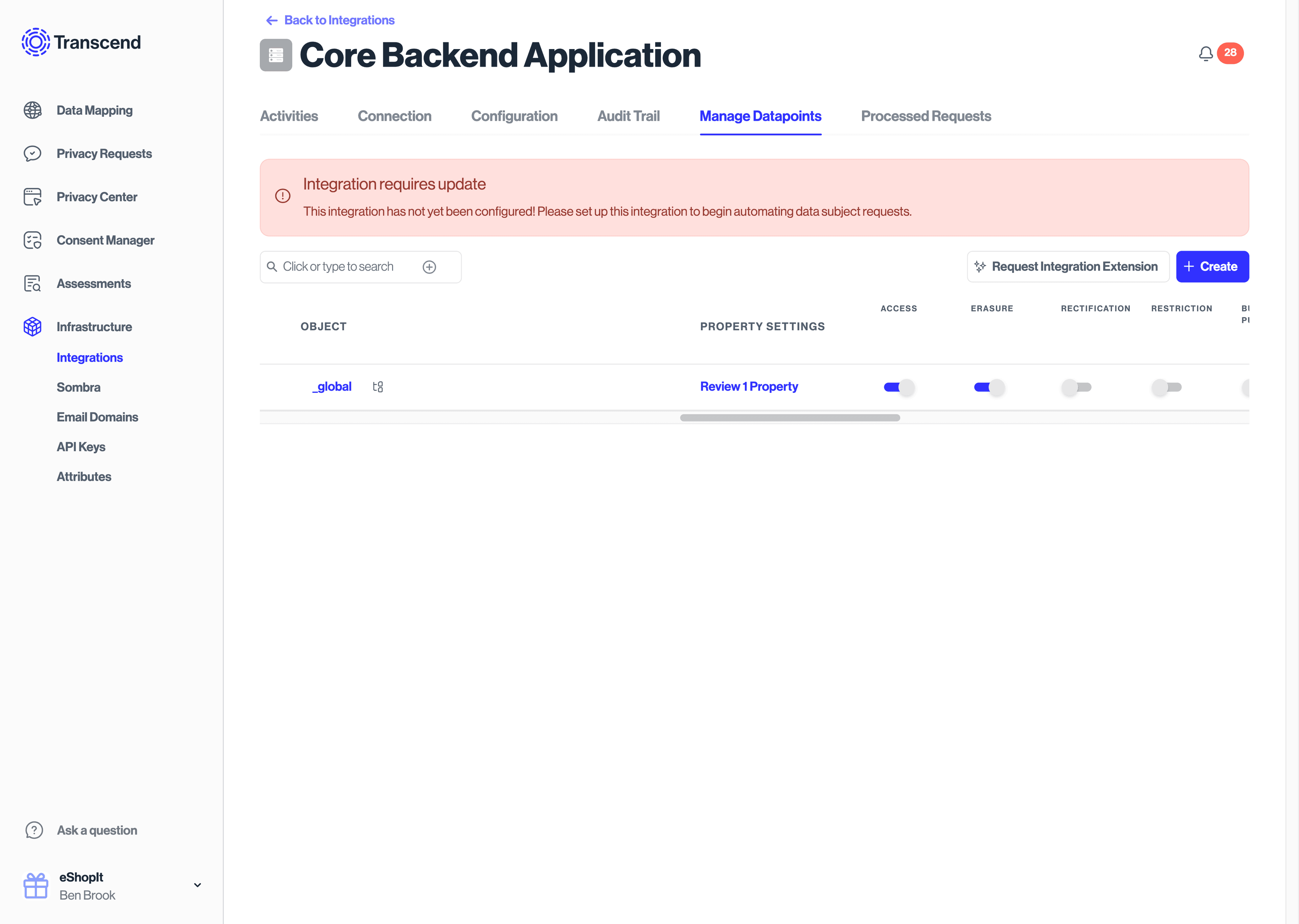 The Manage Datapoints tab of the Server Webhook integration