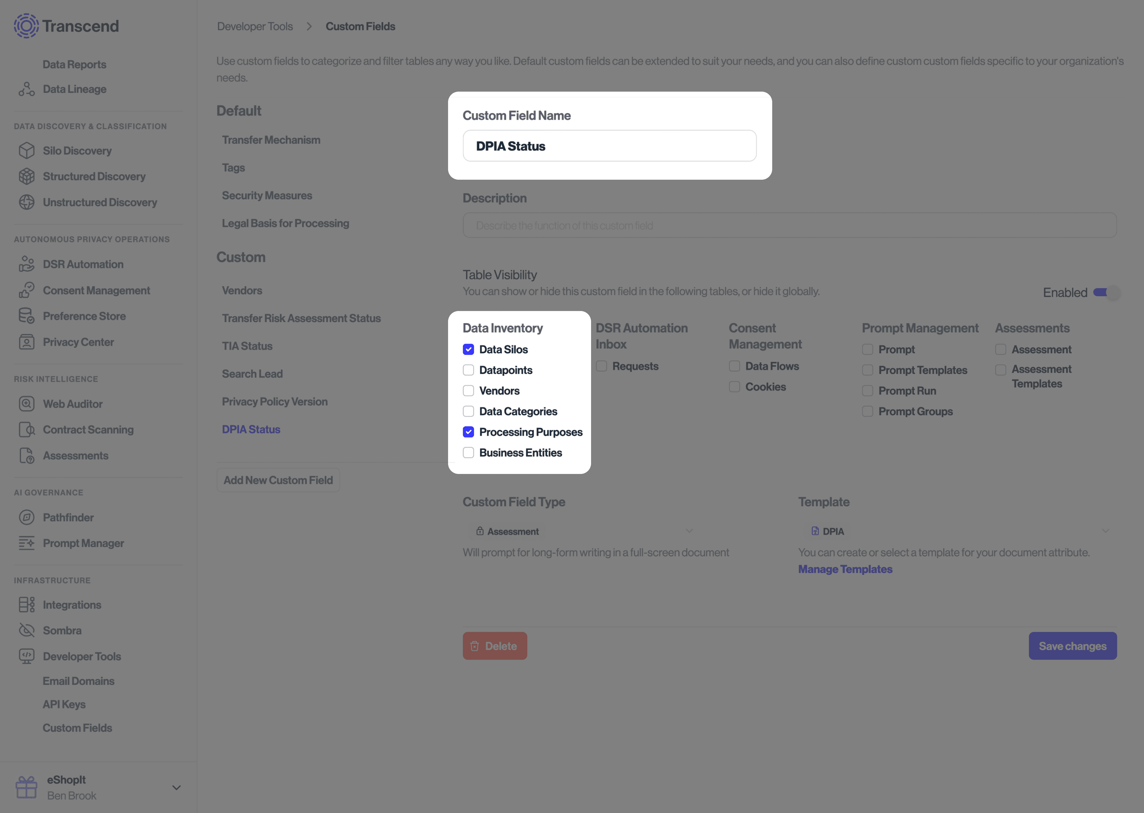 A DPIA status custom field