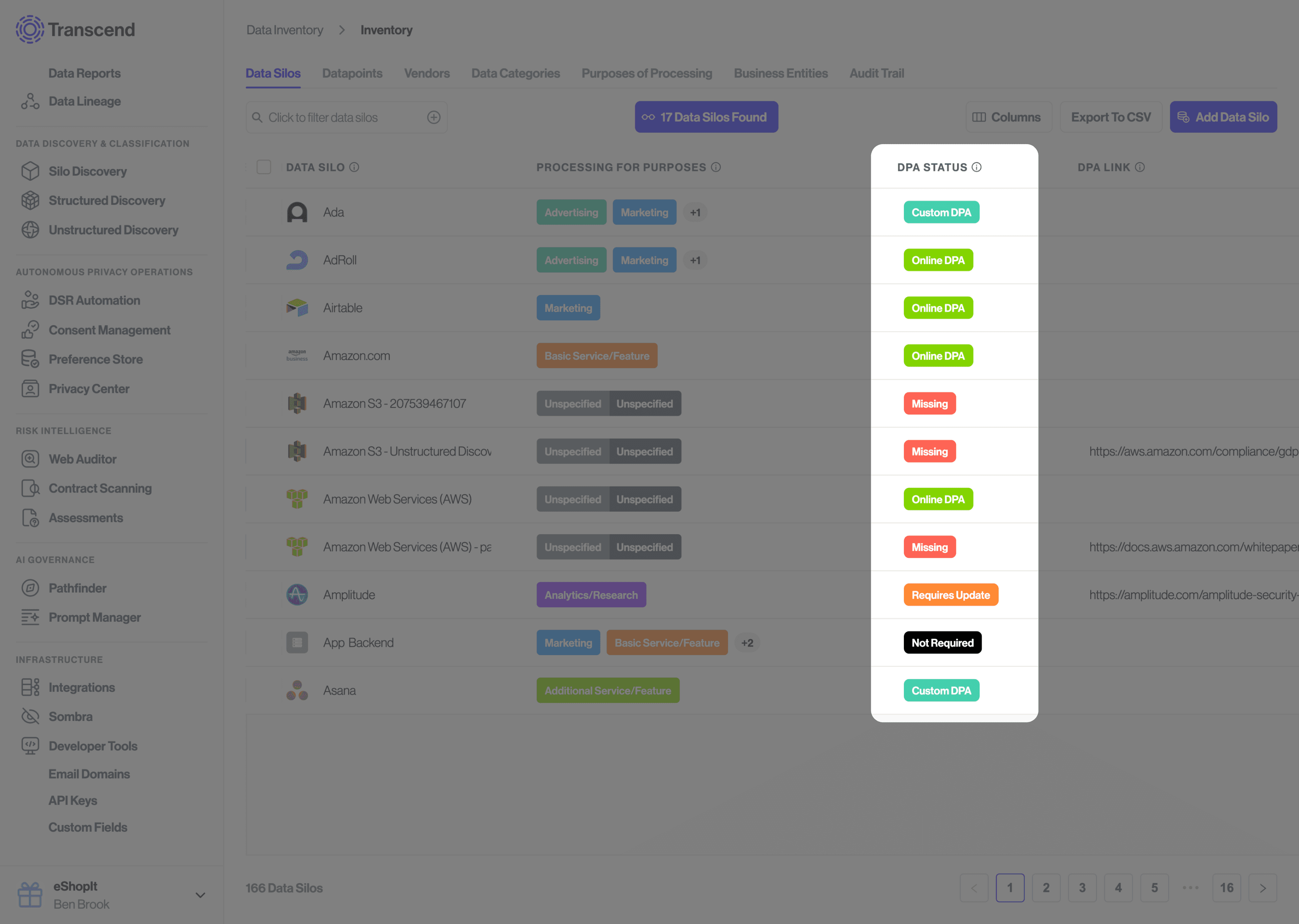 Custom Fields in Data Inventory, Data Silos view