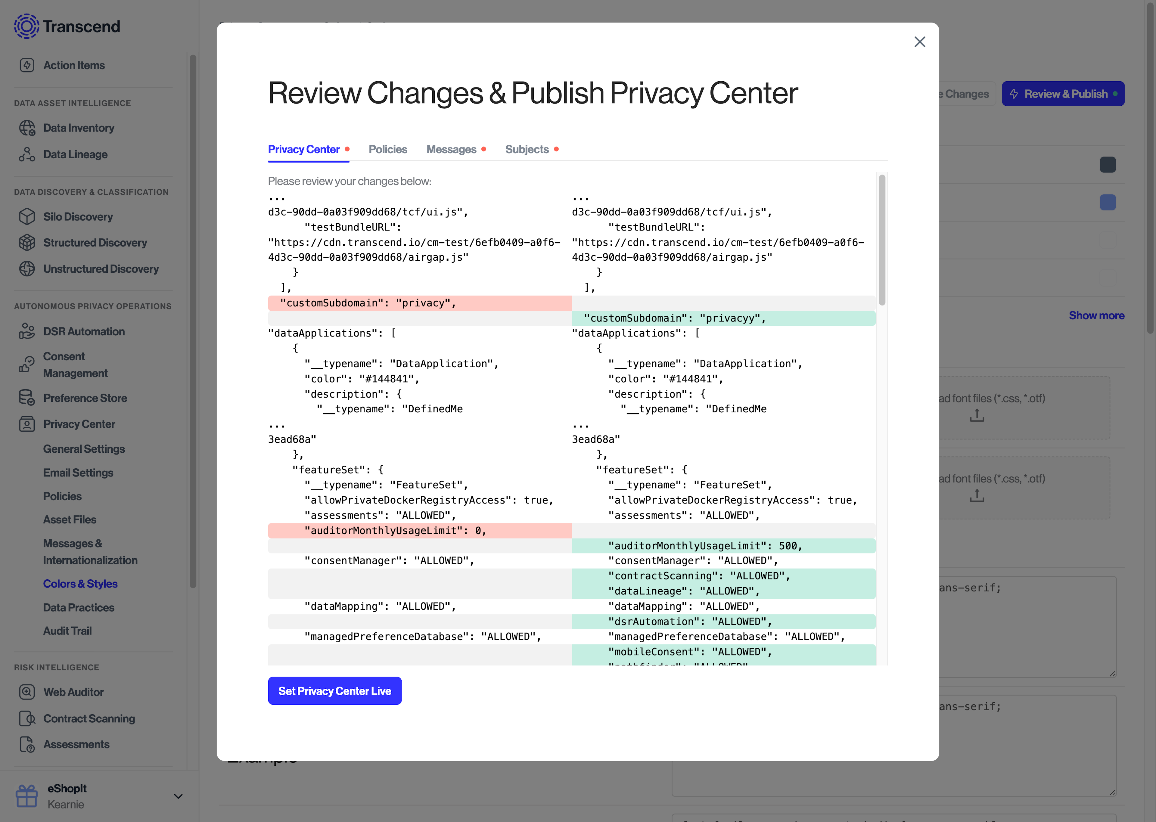 The Review Changes & Publish Privacy Center modal that shows you all the detected changes made to your Privacy Center so far such that they can be inspected and then deployed live officially
