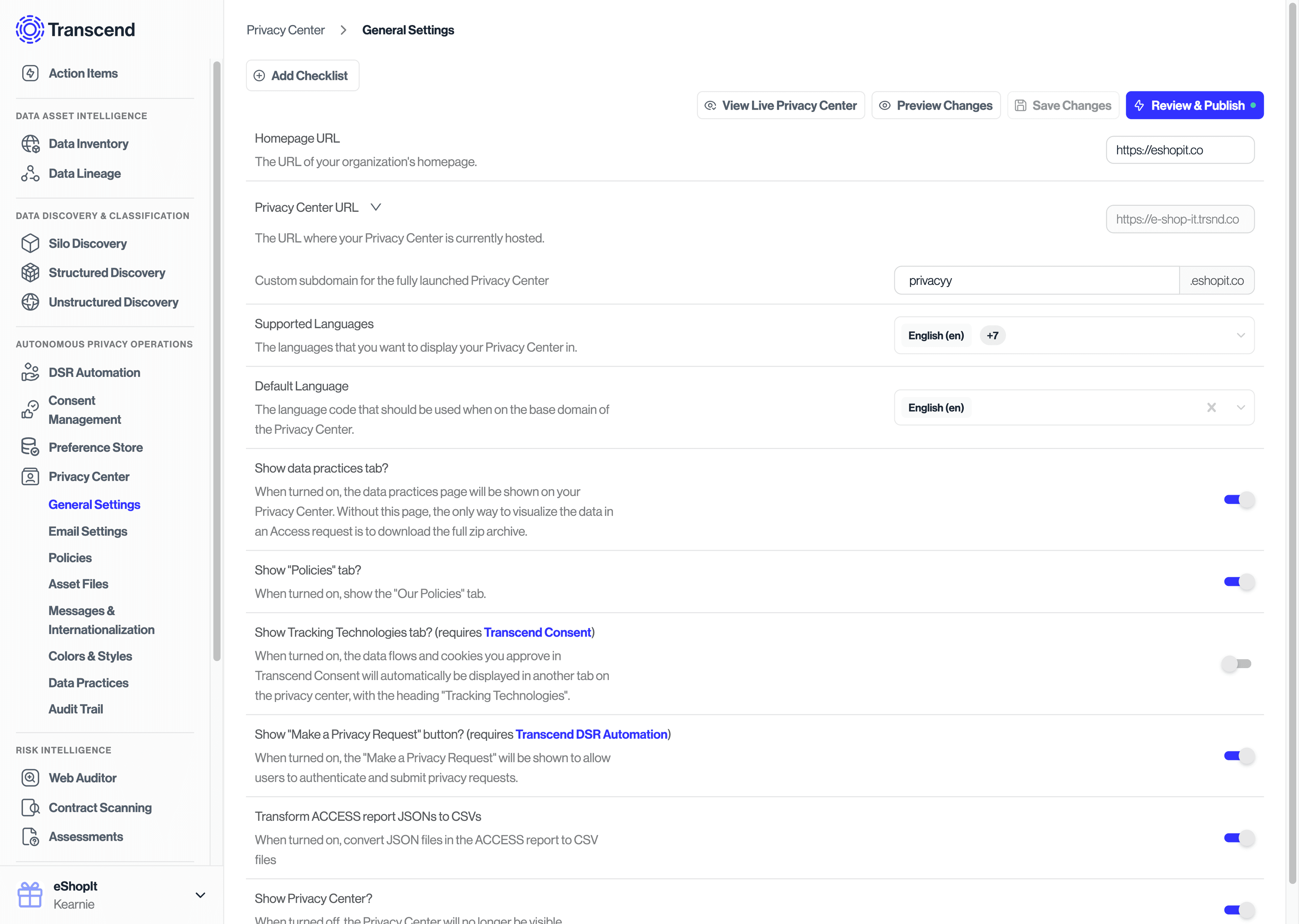 The Privacy Center's settings page in the Admin Dashboard featuring a toolbar of buttons to save changes, preview changes, view current live version, and preview and publish any changes made