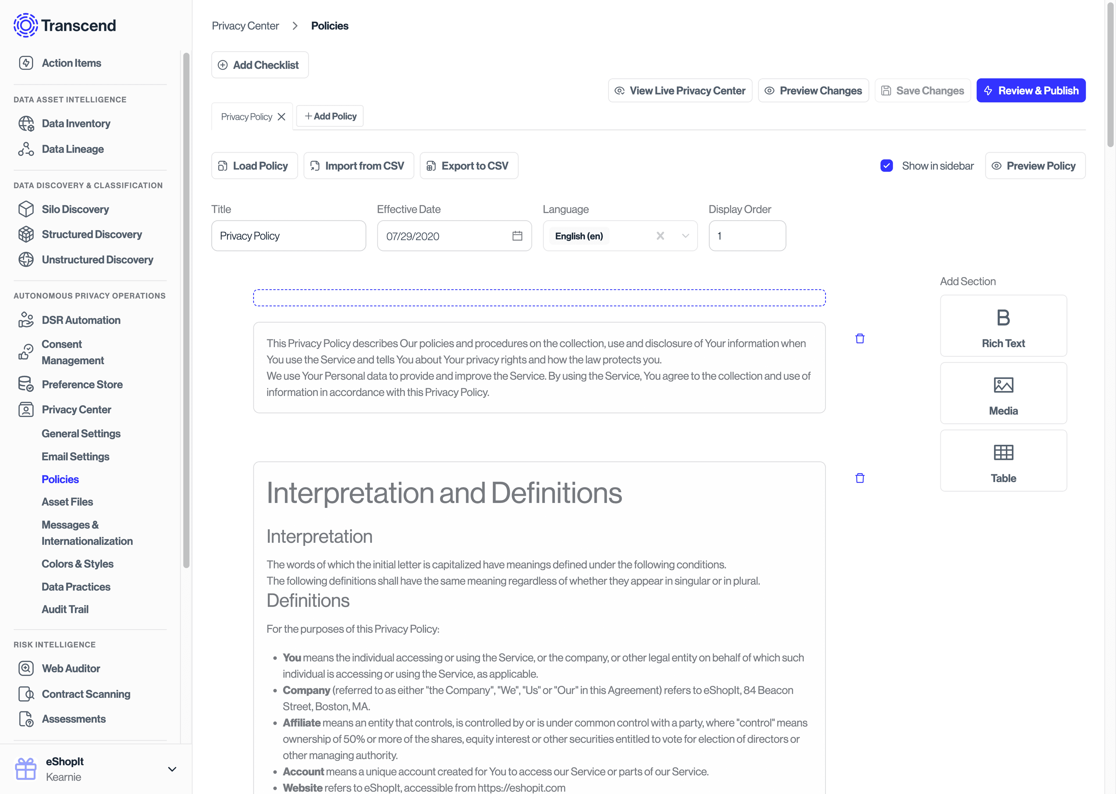 Policies tab of the Privacy Center section in the Admin Dashboard