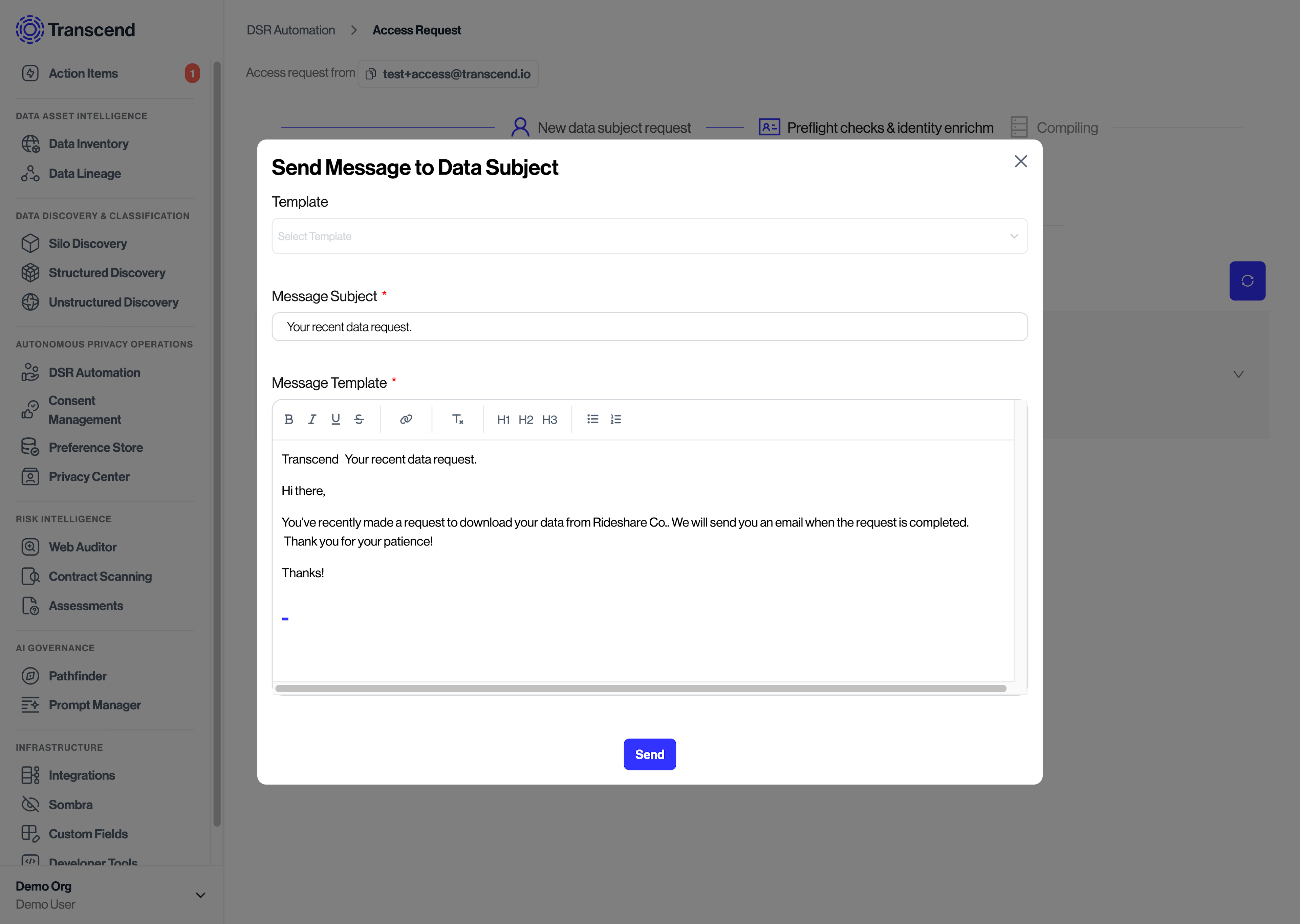 DSR Automation incoming requests, messages, send message to data subject