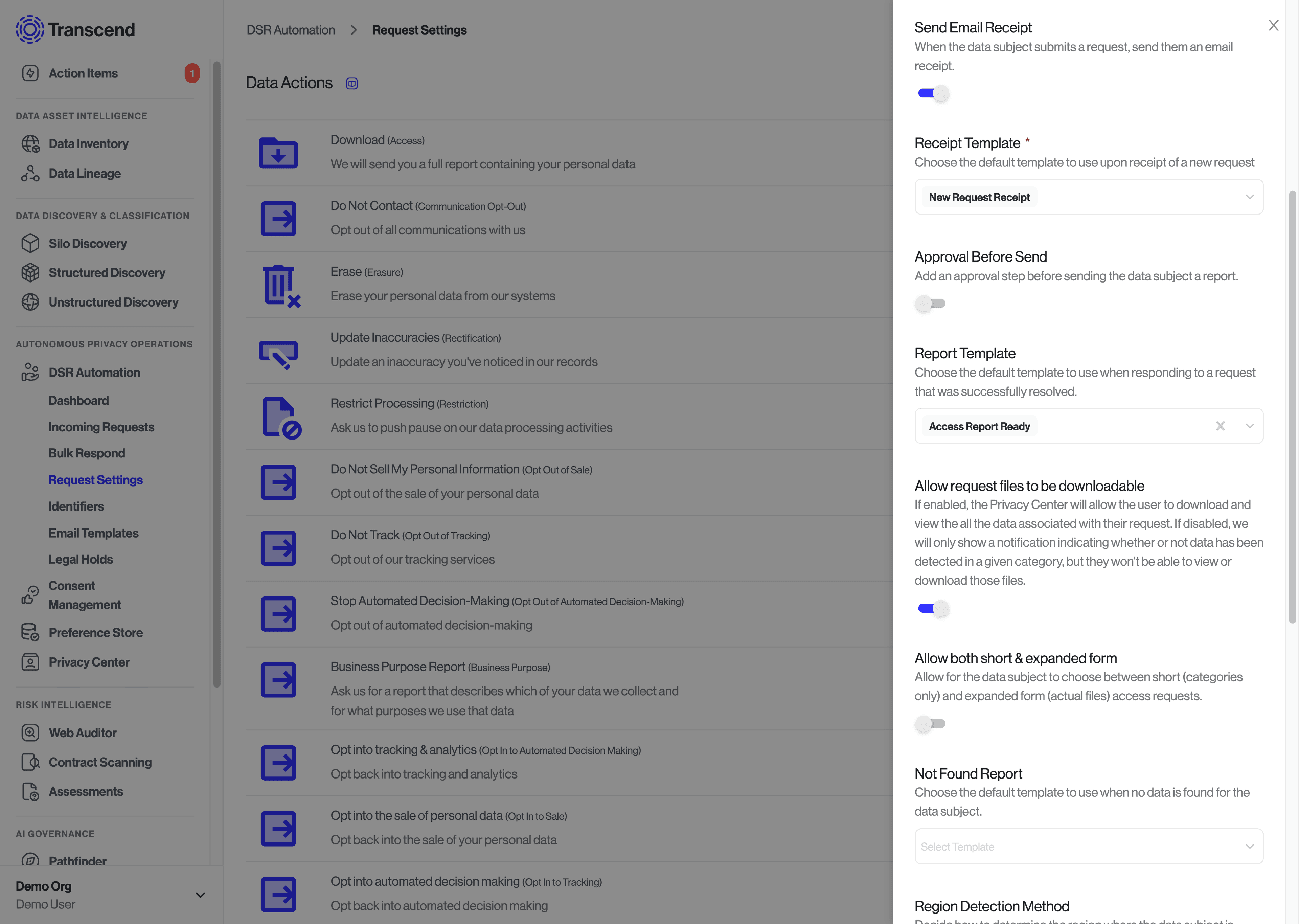 DSR Automation request settings edit view