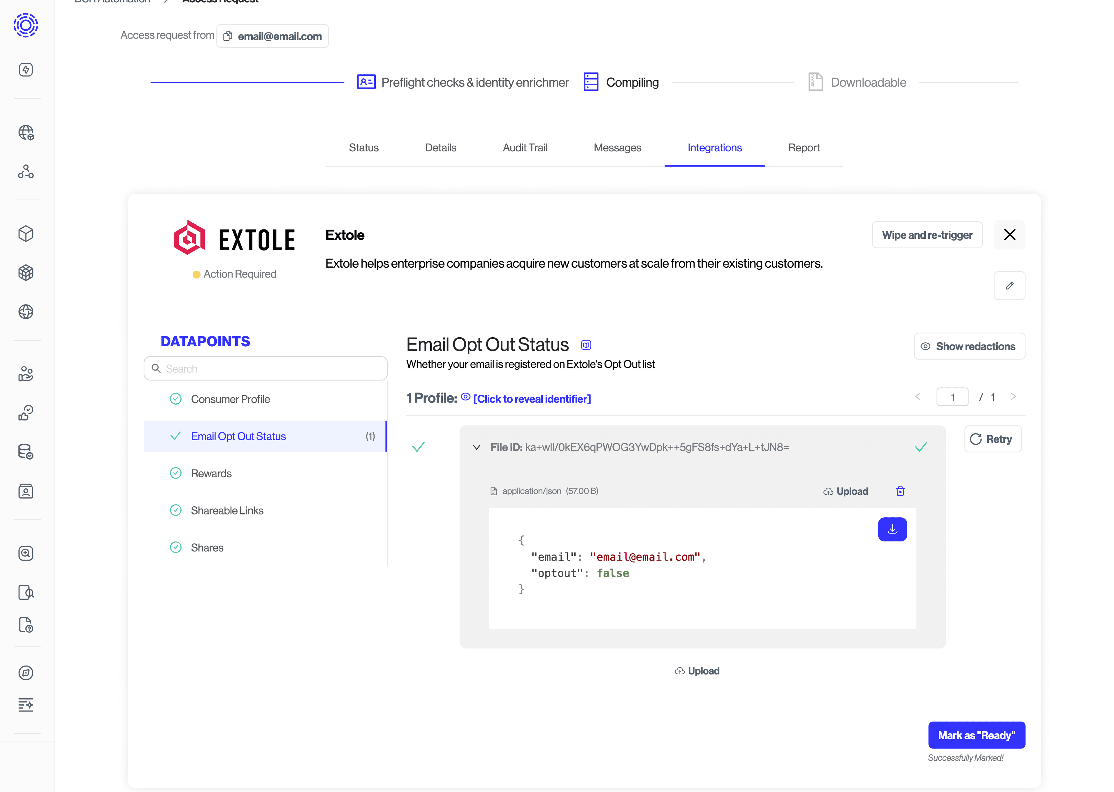 An example of a decrypted file for an integration's datapoint of a data subject request