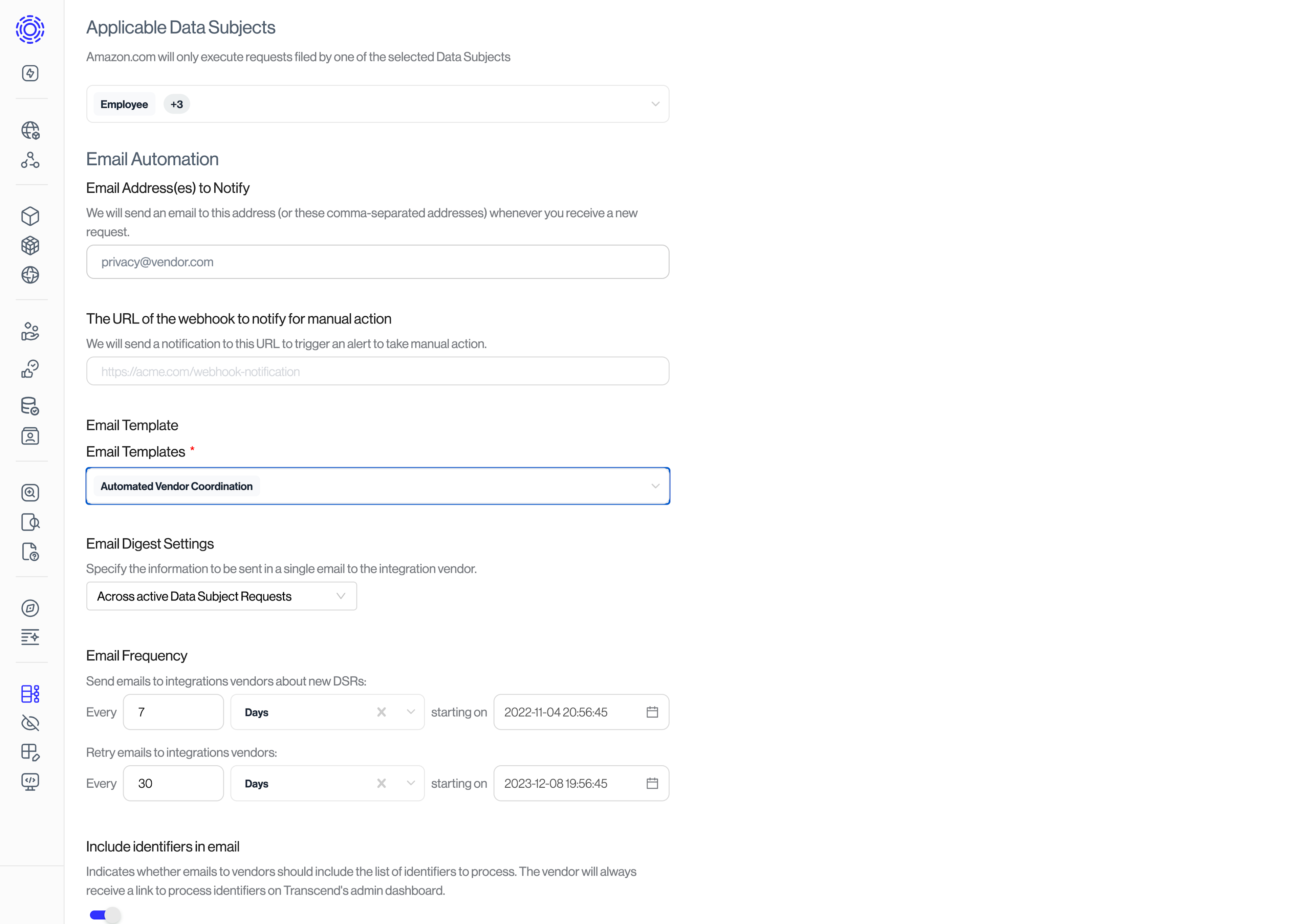 Integrations > DSR Automation, Email Automation settings