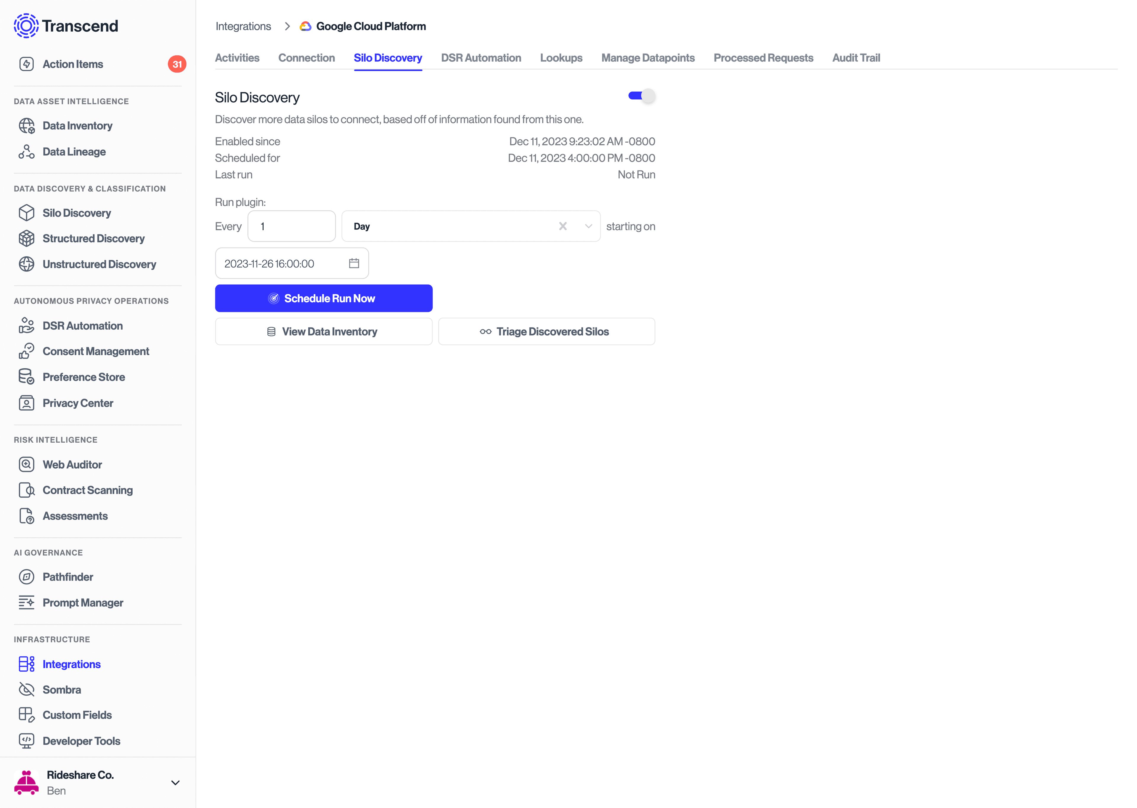 Configure GCP Integration in the Transcend Connection form