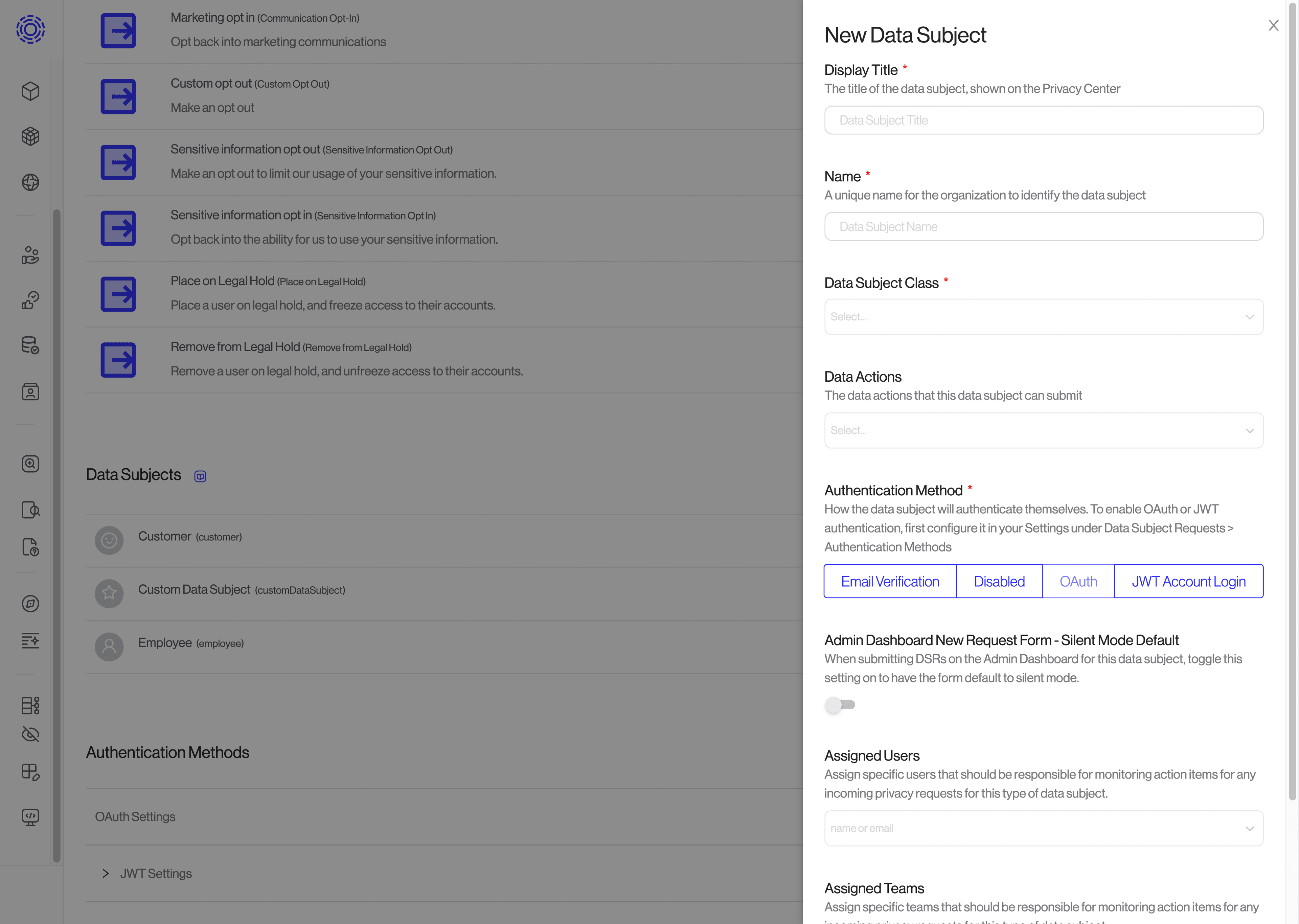 Adding a new data subject type in Transcend DSR Automation.