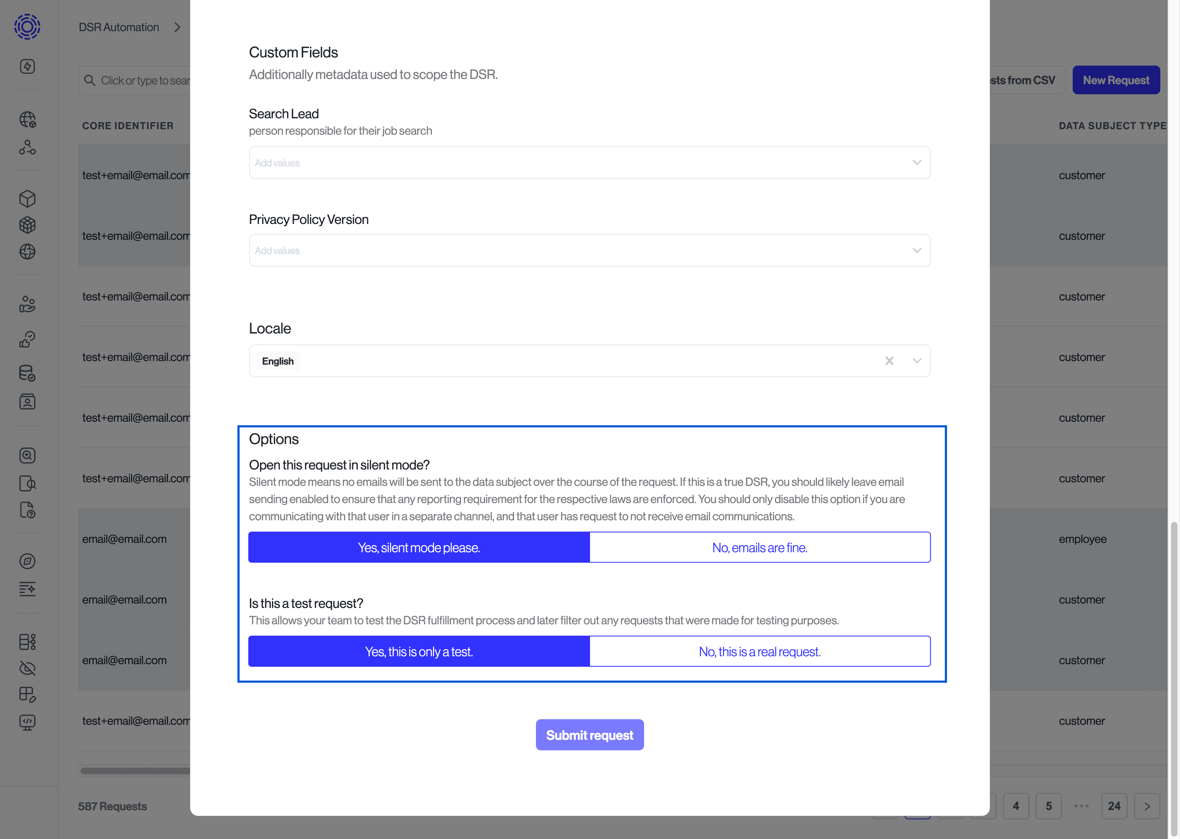 DSR Automation > New Test Request