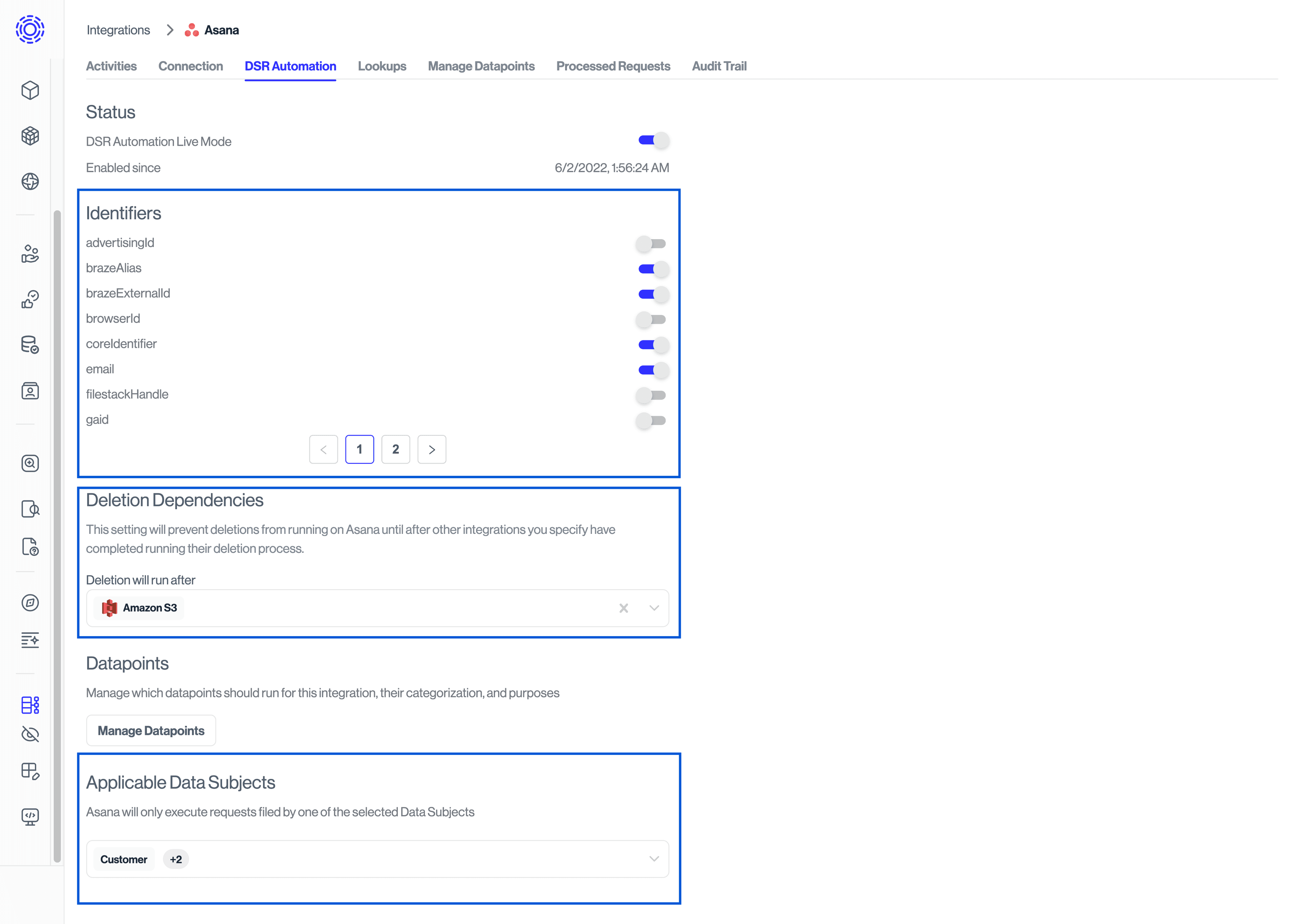 Integrations > DSR Automation > Configure Data Subjects, Identifiers, Dependencies