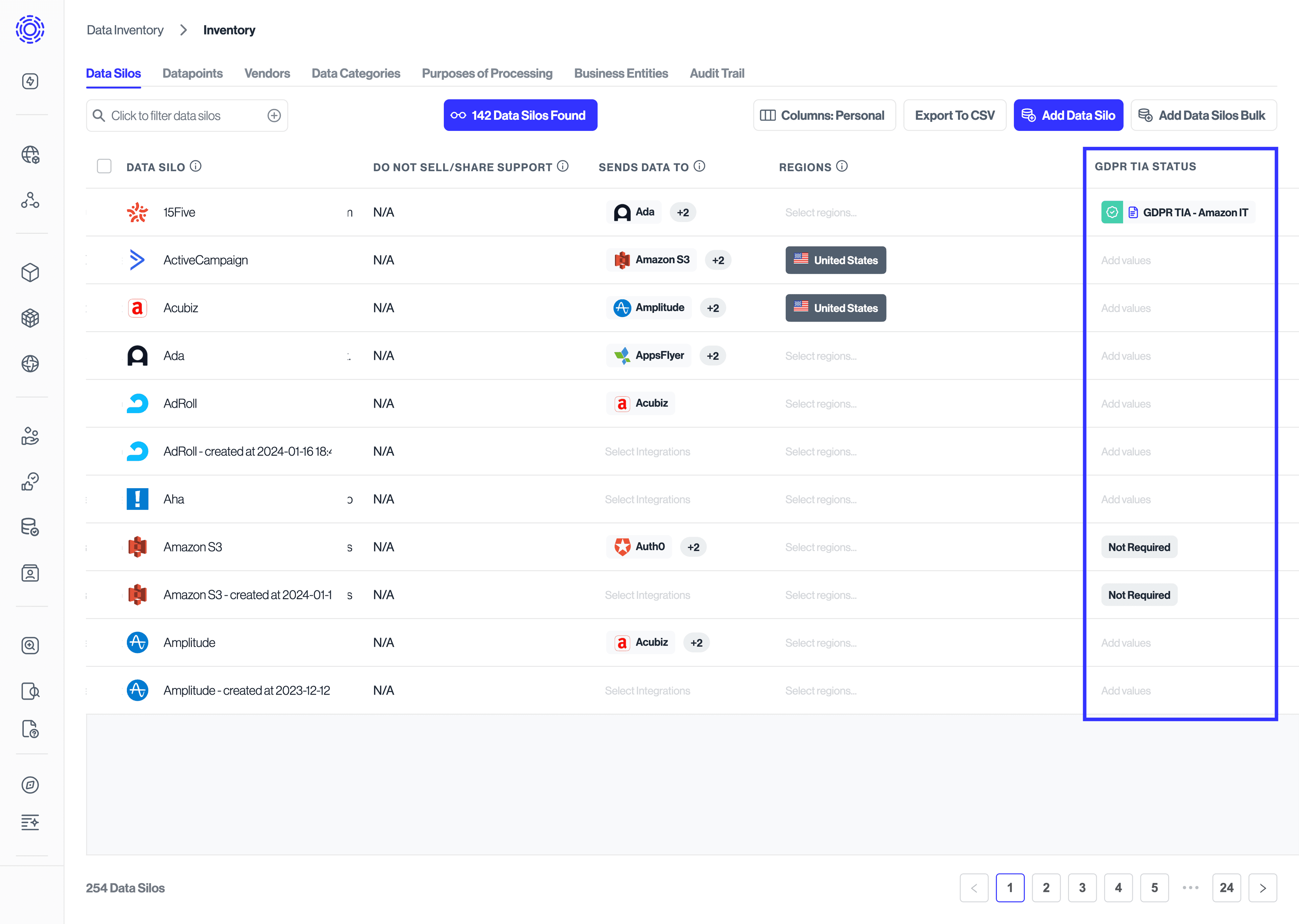 Data Inventory > Inventory view of custom field column