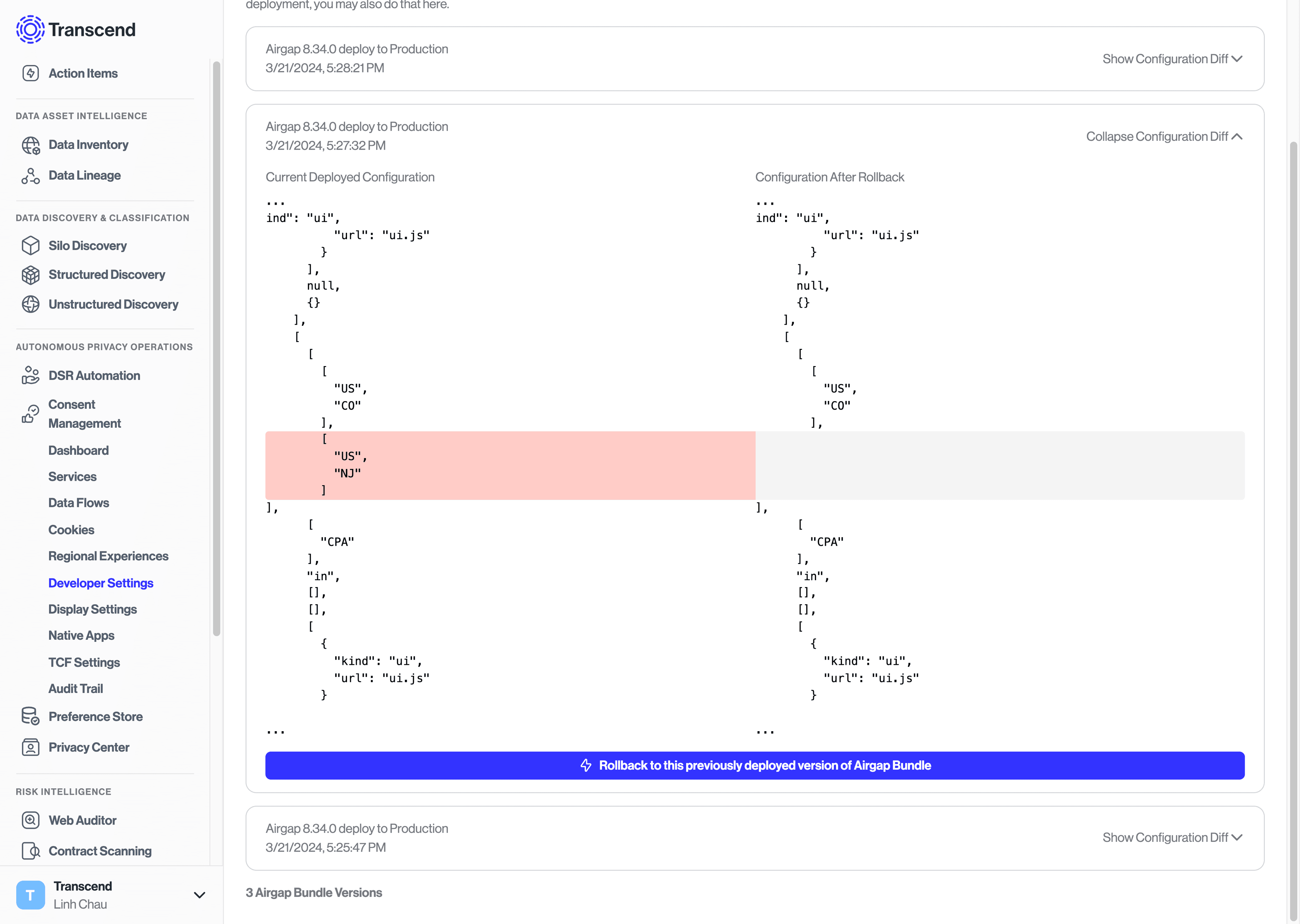 Difference between Previously Deployed and Currently Deployed Configuration