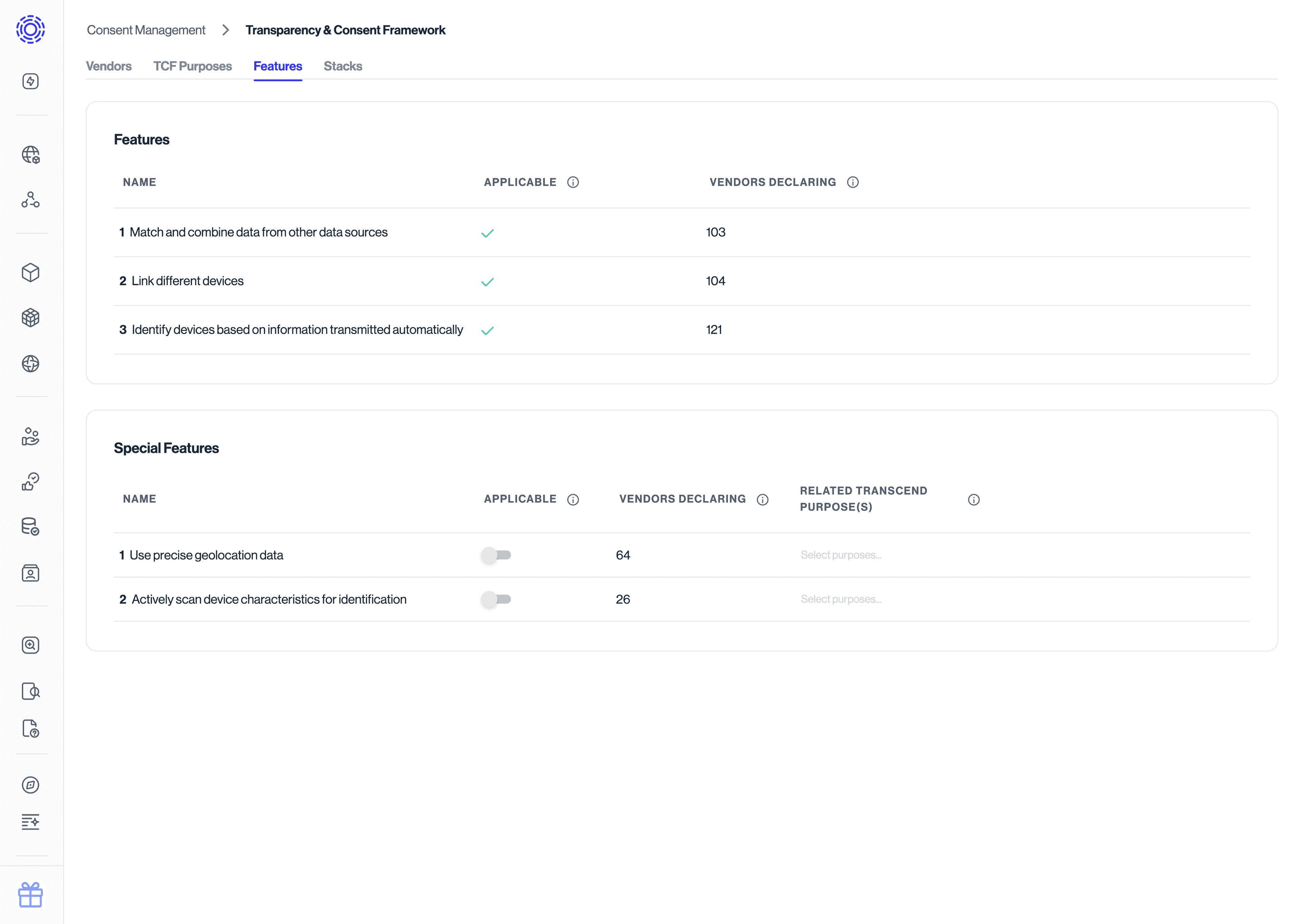 Configuring TCF Features