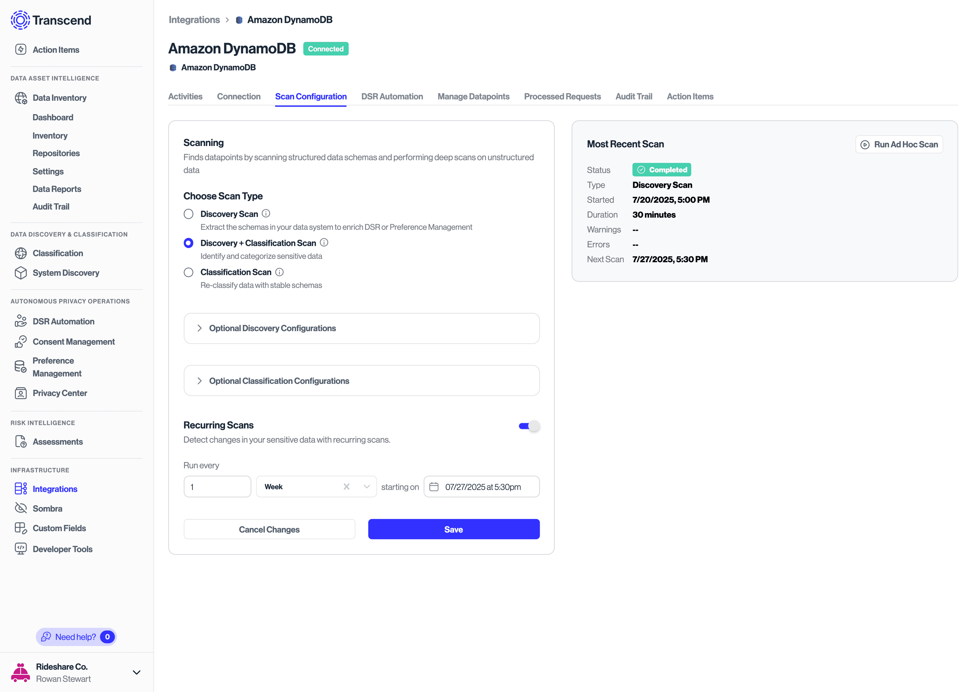 Recurring scans toggle on Integrations > Scan Configuration