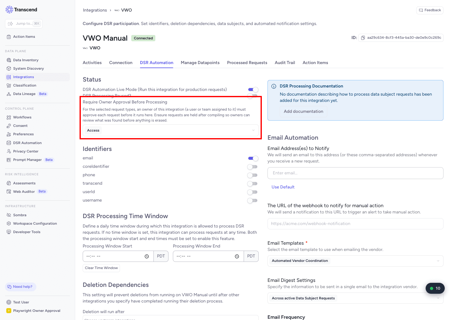 Require Owner Approval Before Processing field on the DSR Automation tab of an integration