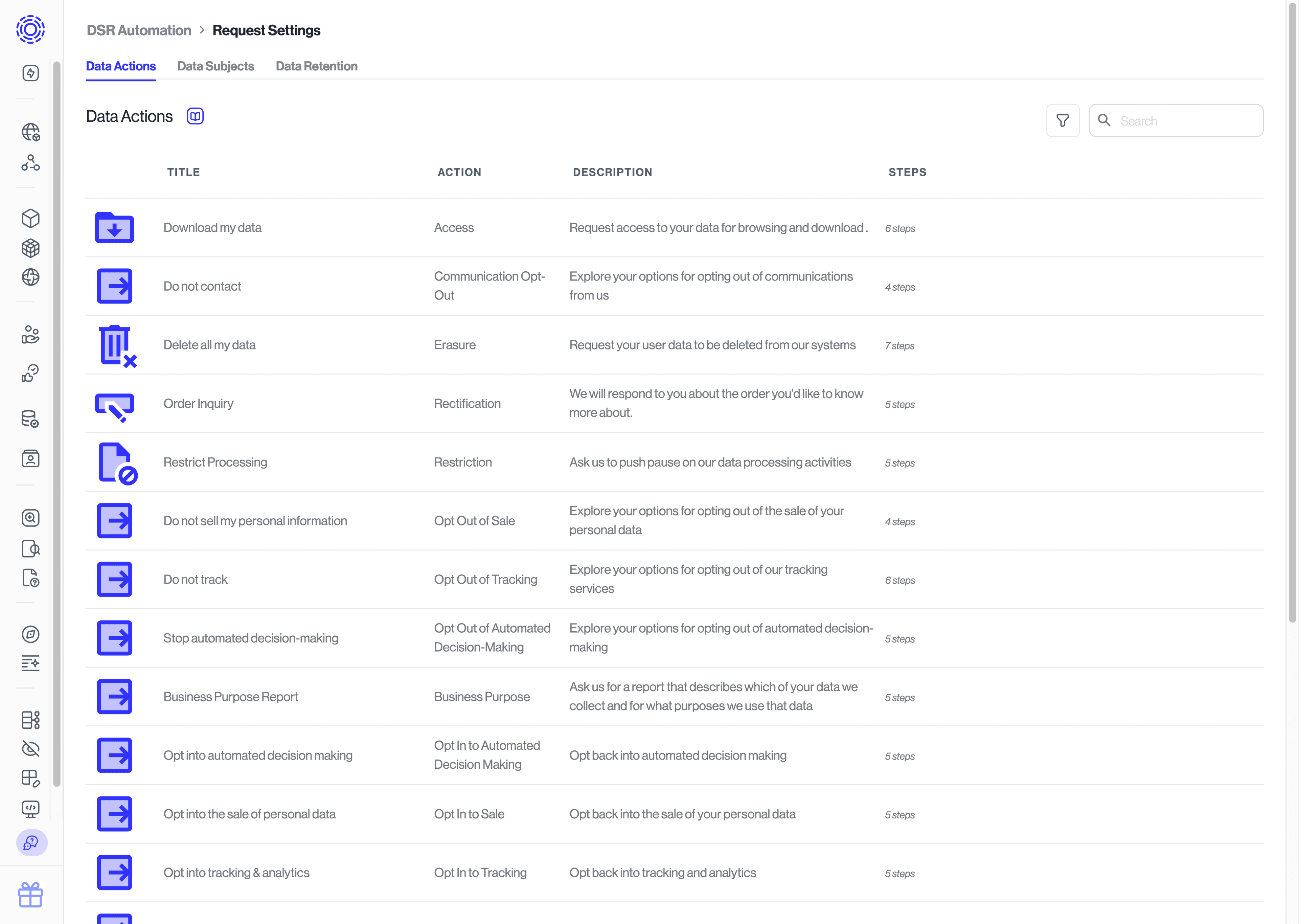 DSR Automation > Request Settings page