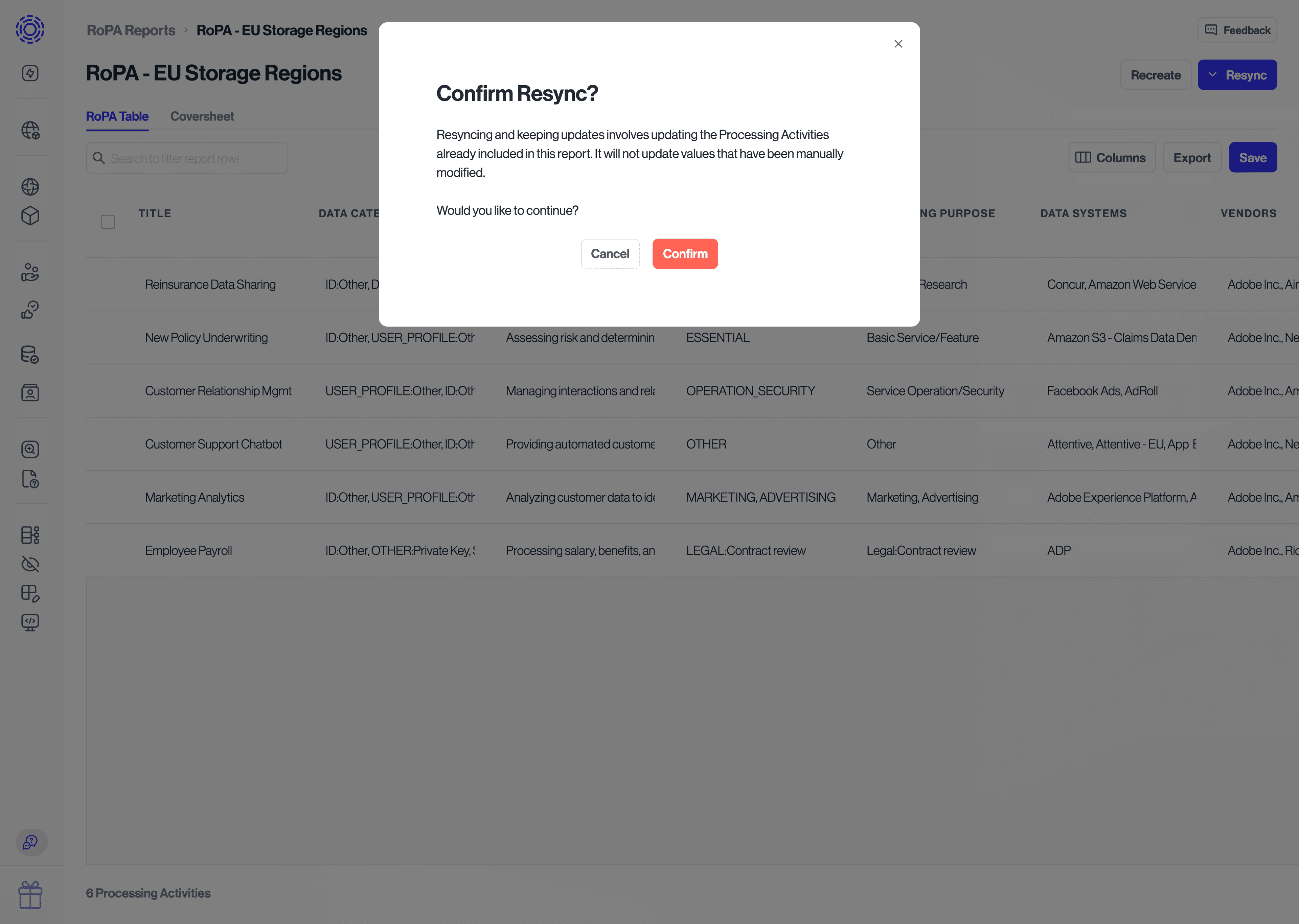 RopA report resync modal, showing a warning before resyncing