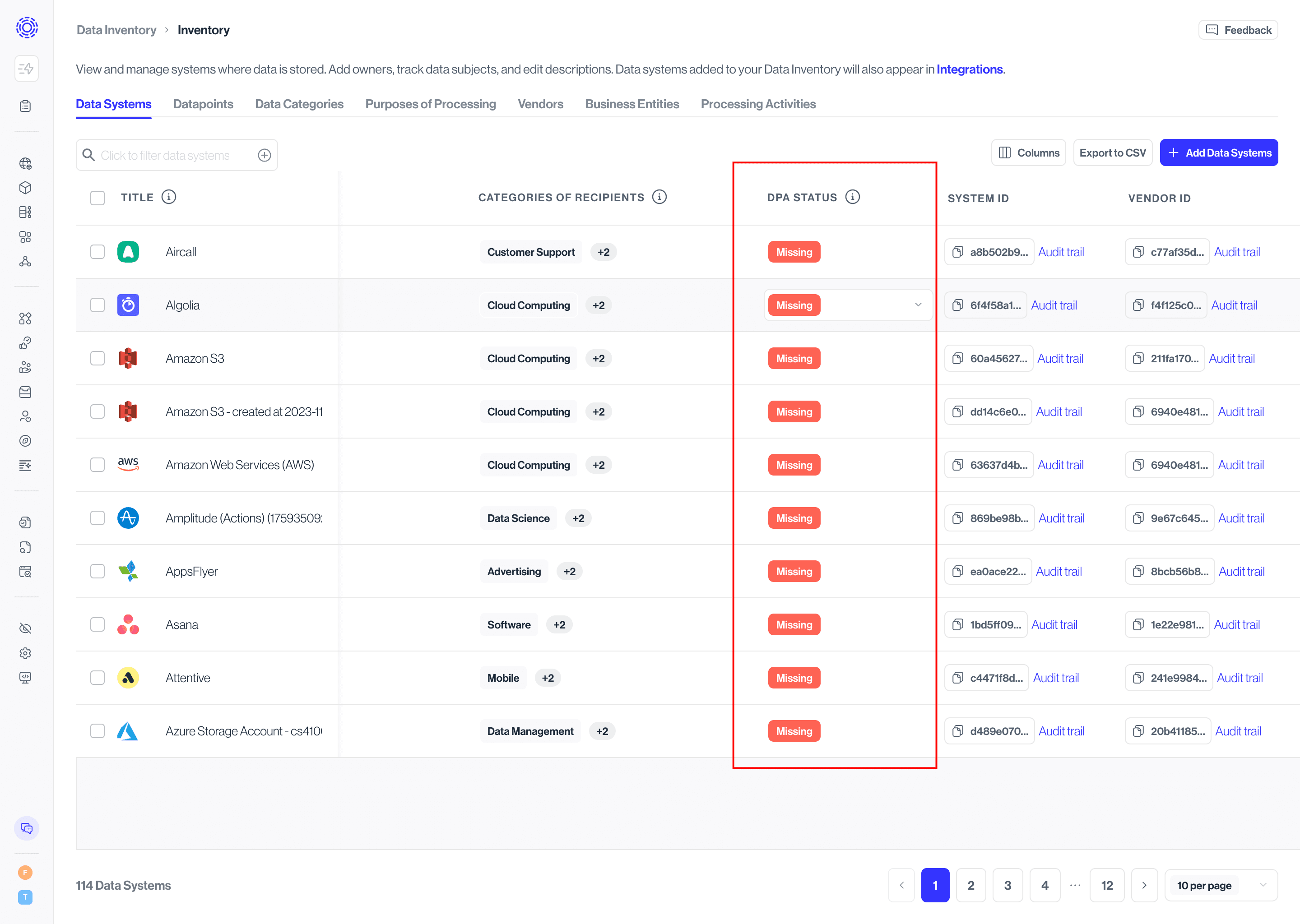 Custom Fields in Data Inventory, Data Systems view