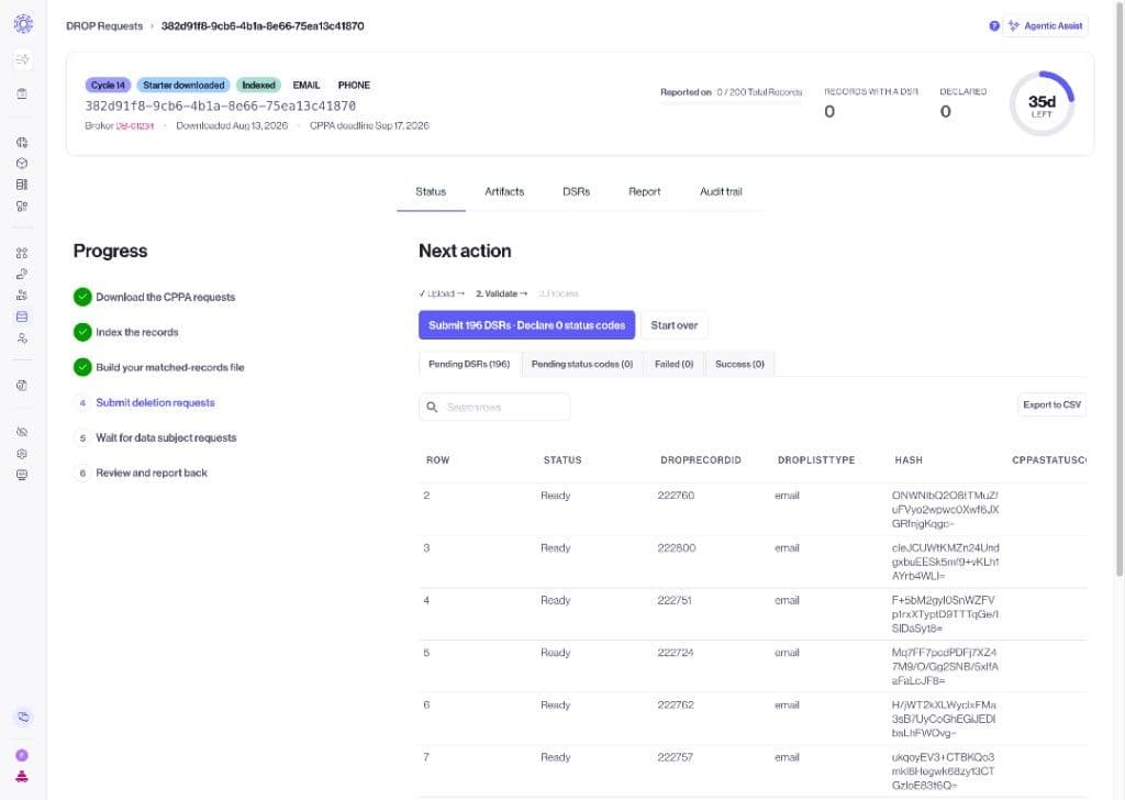 Matched-records upload wizard validating pending DSRs before Submit