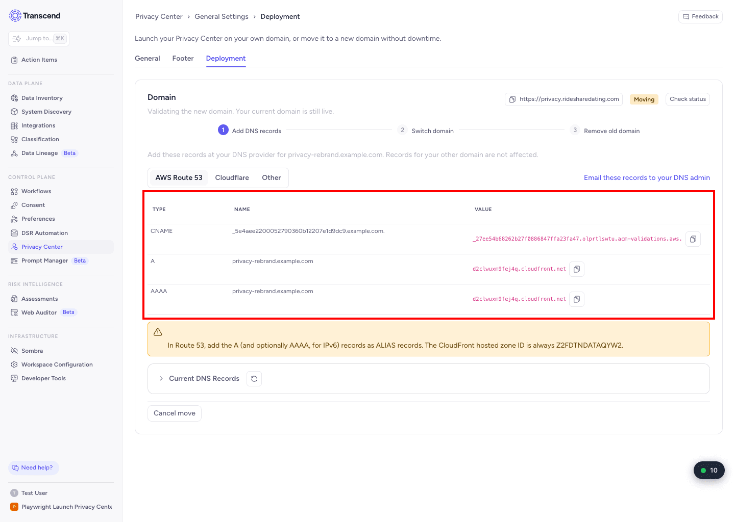 Deployment tab showing DNS records to add for the new domain