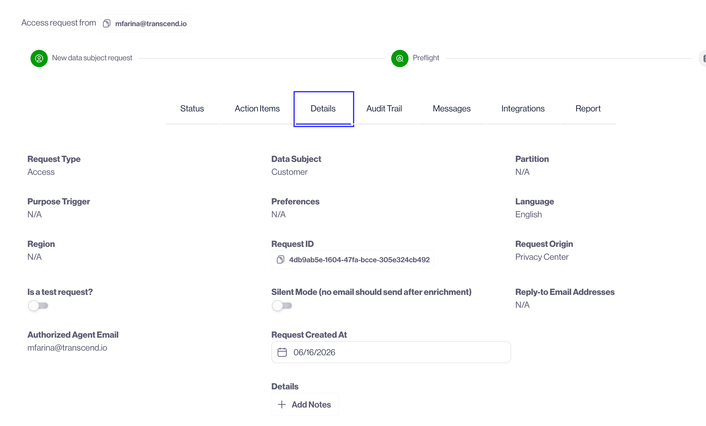 Authorized Agent Email is displayed within the request details.