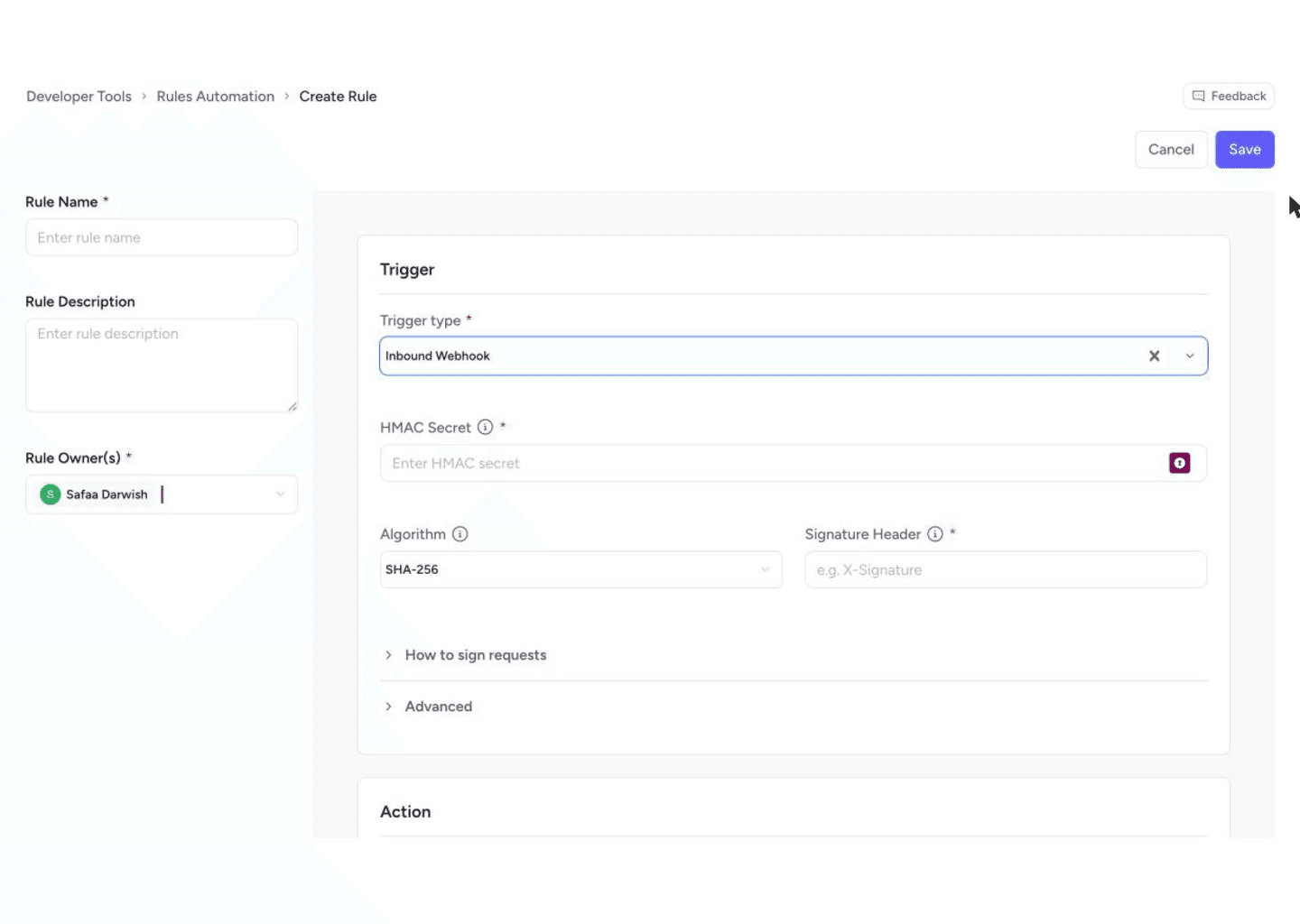 The rule wizard with Trigger type set to Inbound Webhook, showing the HMAC secret, algorithm, and signature header fields