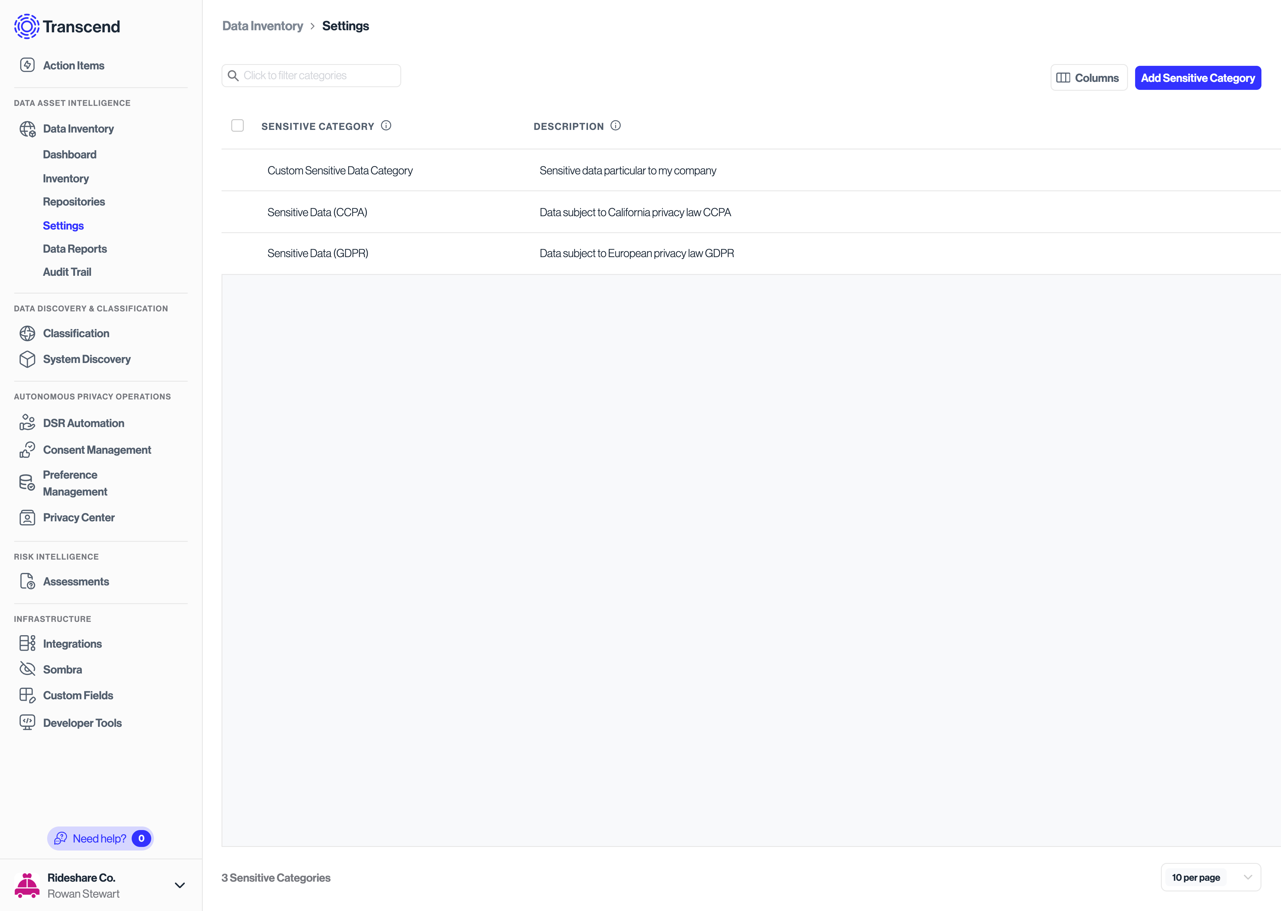 Creating Sensitive Category in Inventory > Settings
