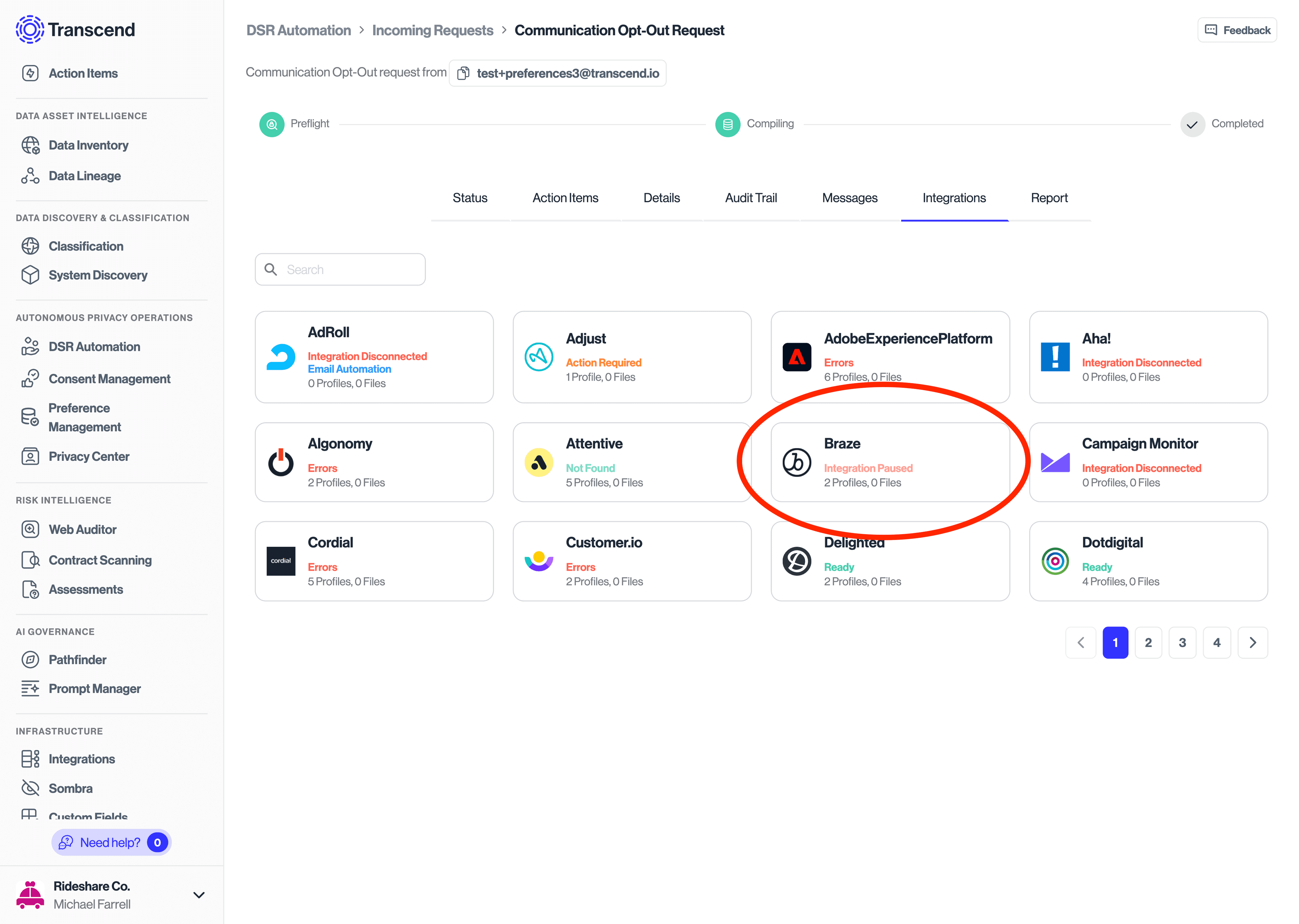 Shows the "Integration Paused" status for the data system on the "Integrations" tab of a DSR.