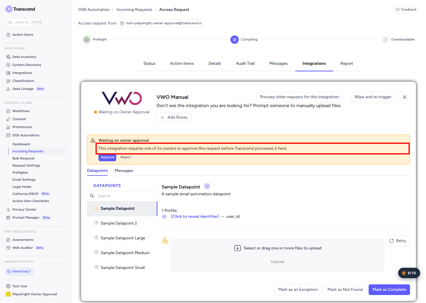 Waiting on owner approval panel with Approve and Reject buttons on a request integration