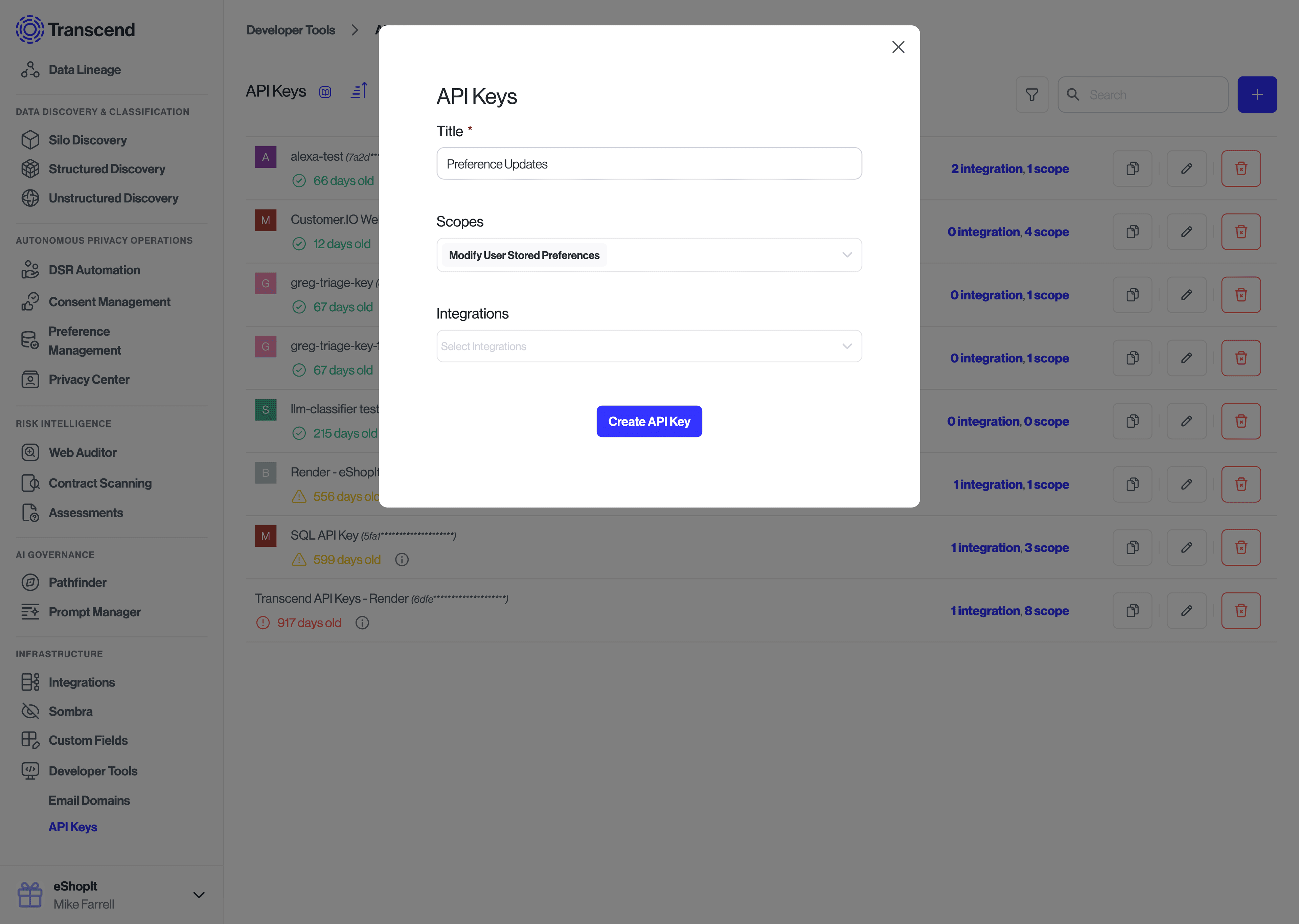 Preference Management create API key
