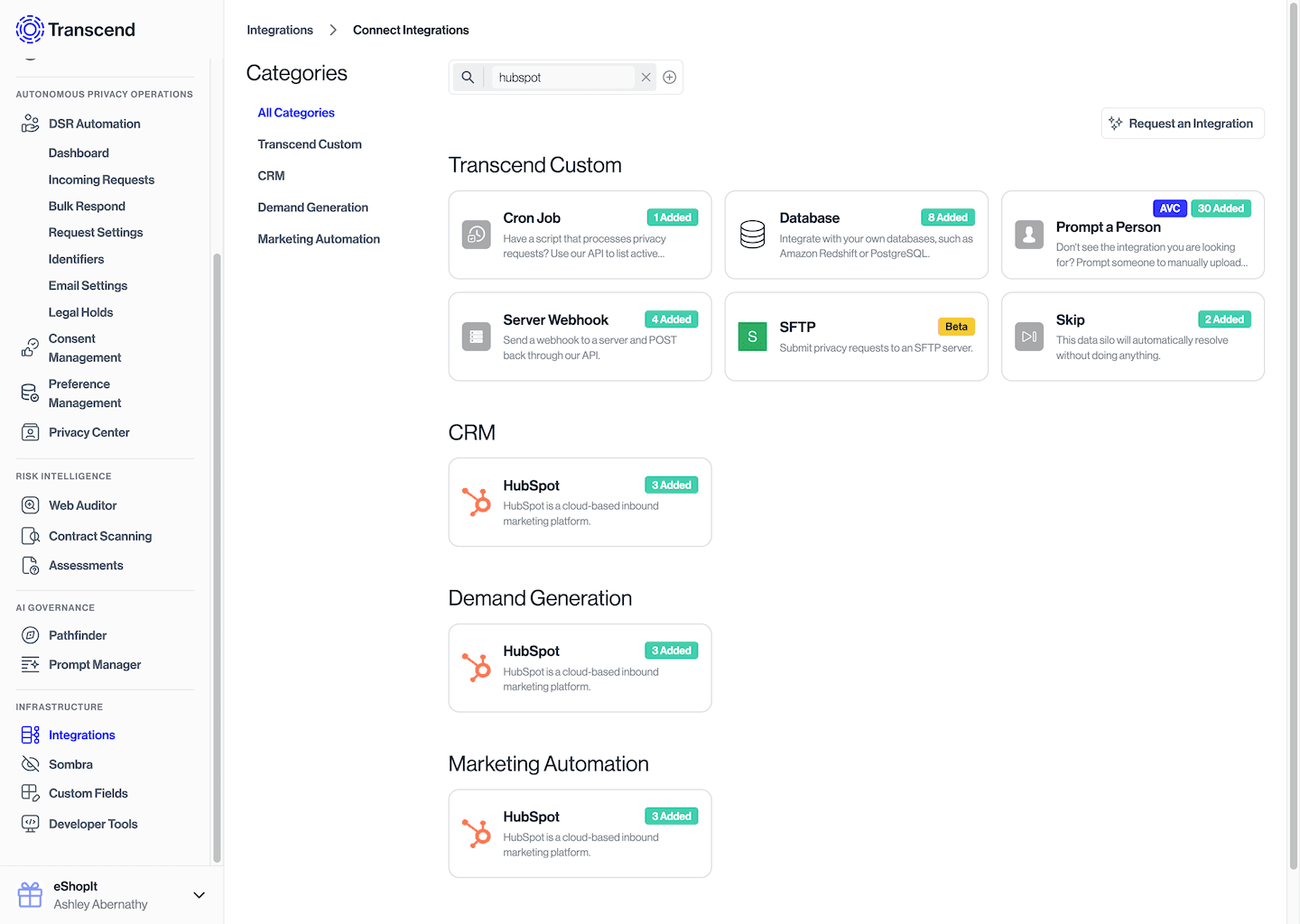 Catalog search for Hubspot as an example
