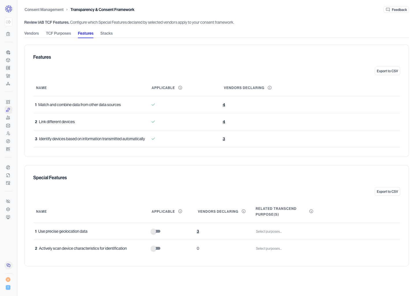 Configuring TCF Features
