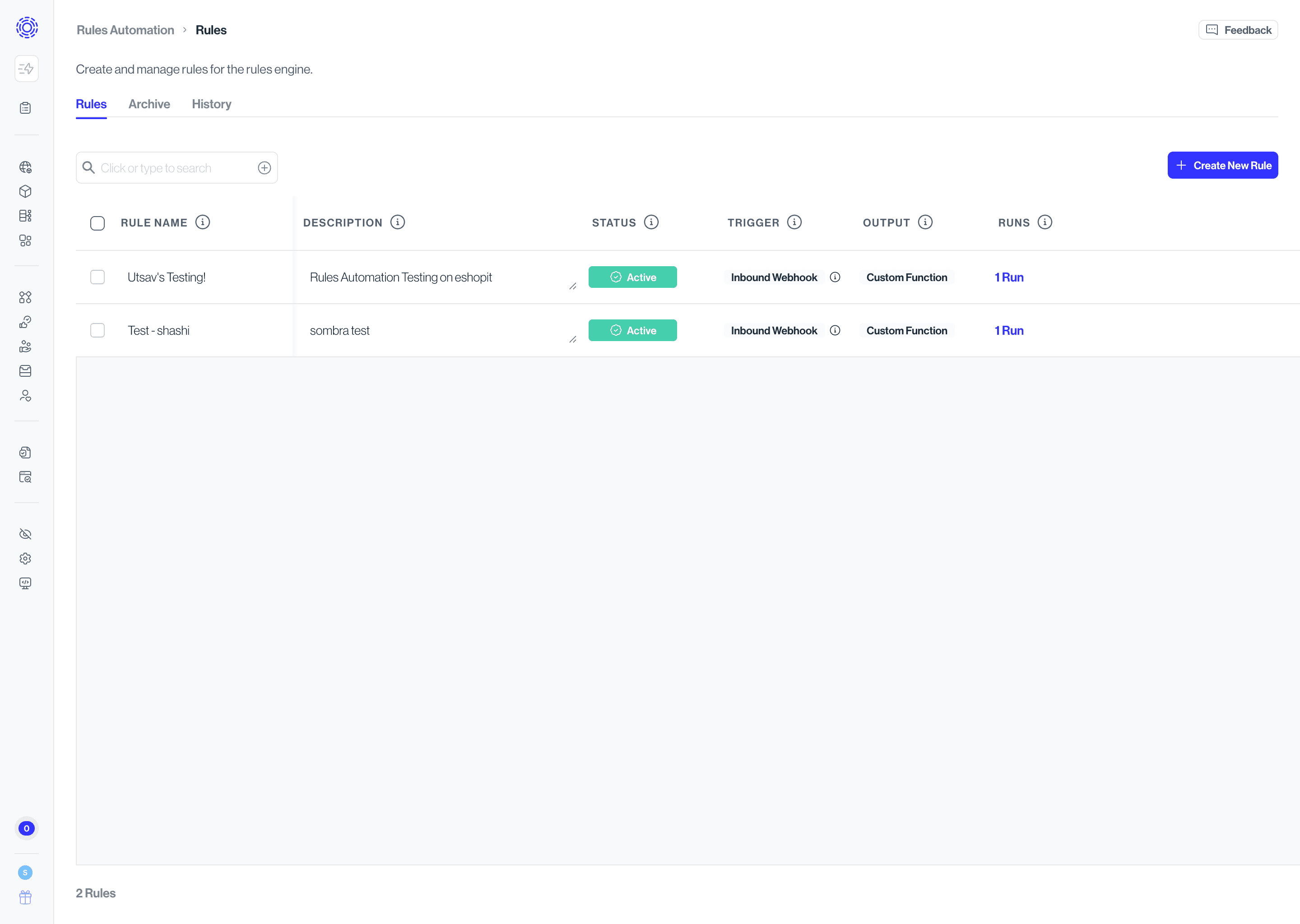 Rules Automation landing page, the Rules tab. Showing Create New Rule.