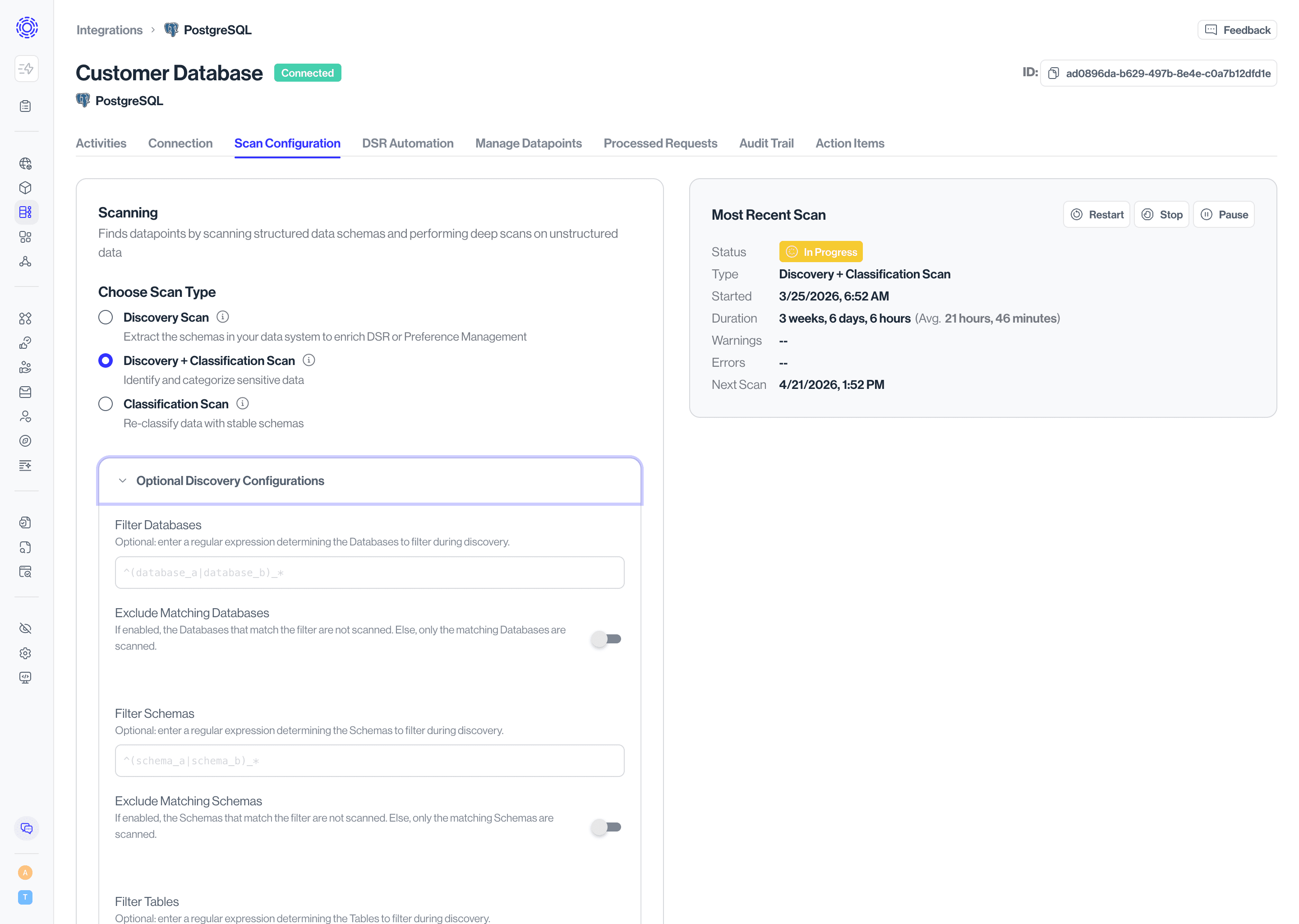 View Scan Configuration optional configurations