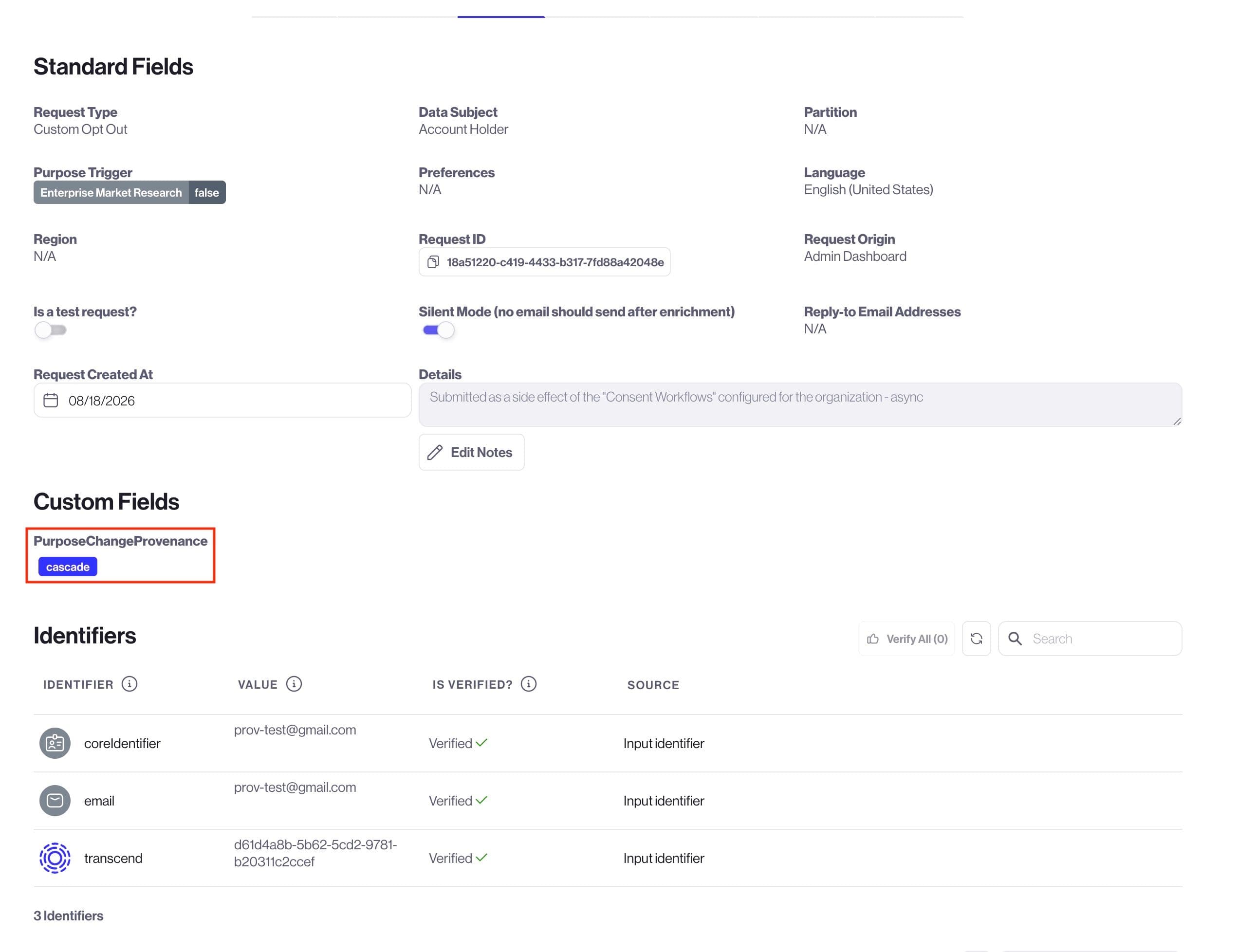 DSR Request Details page showing custom fields > provenance value with "cascade" as the attribute.