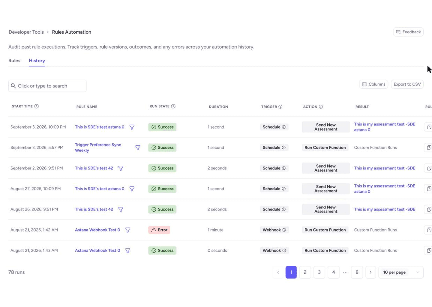 The Rules Automation History tab listing past rule executions with run state, duration, trigger, action, and result