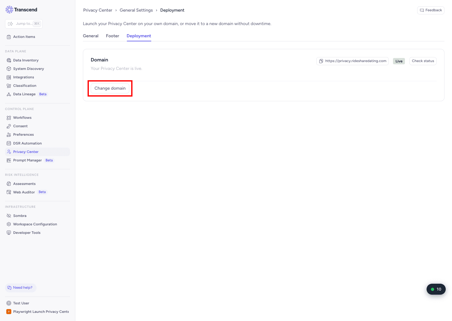 Deployment tab showing the Live badge for the Privacy Center