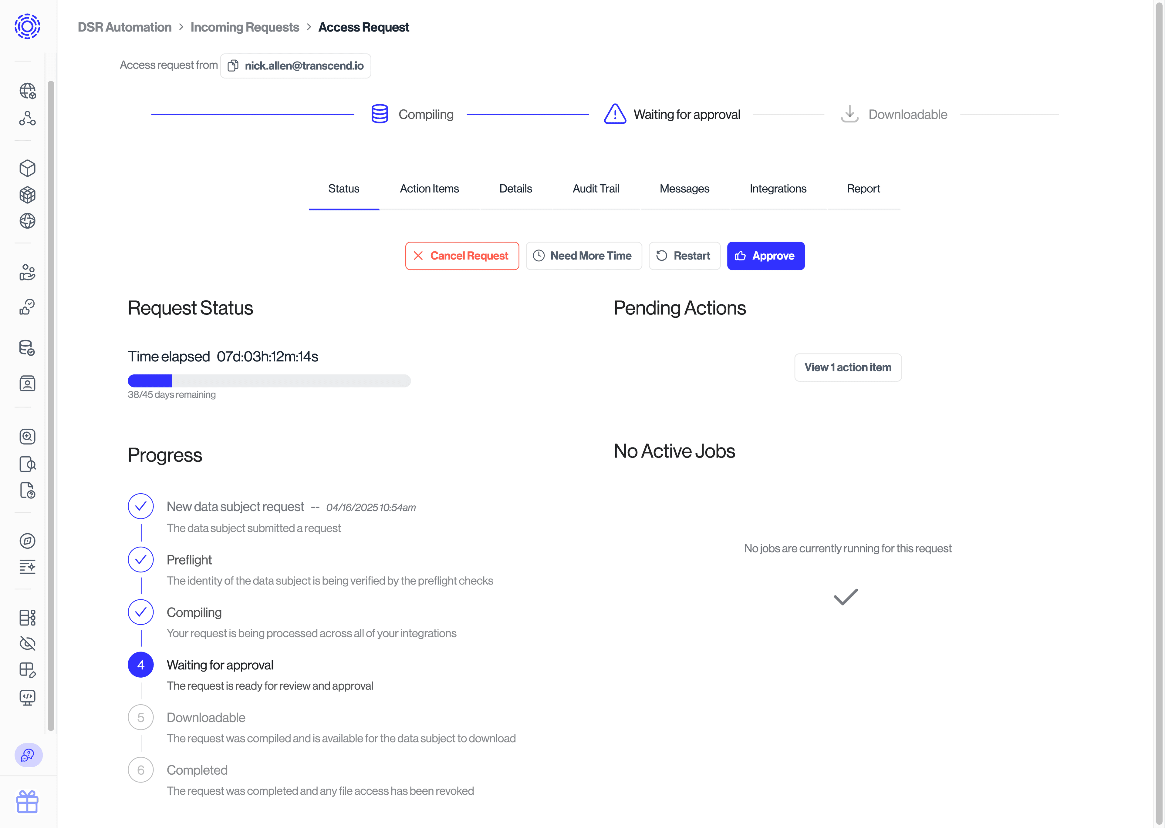 Status tab of a specific data subject request in the Admin Dashboard