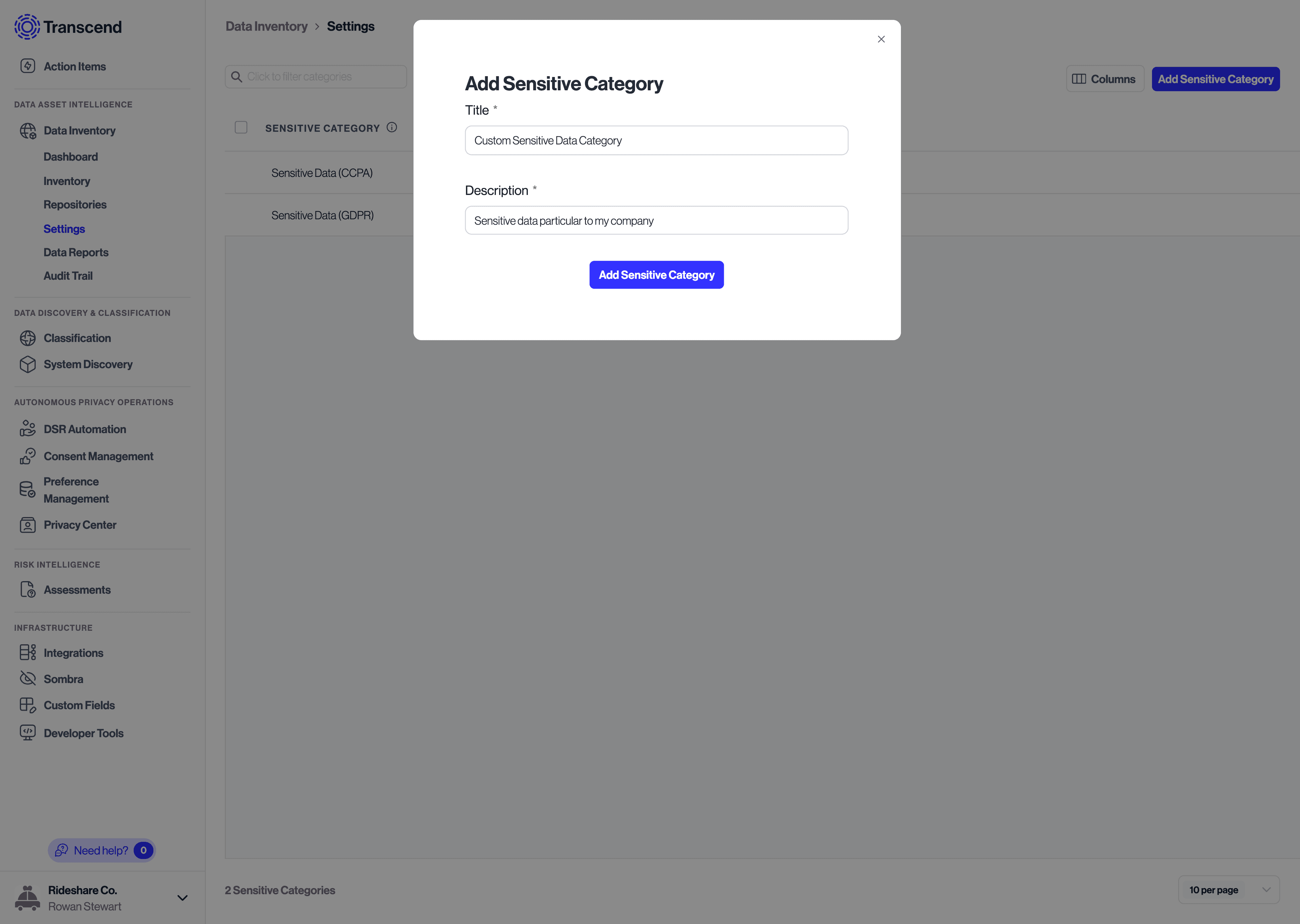 Creating Sensitive Category in Inventory > Settings
