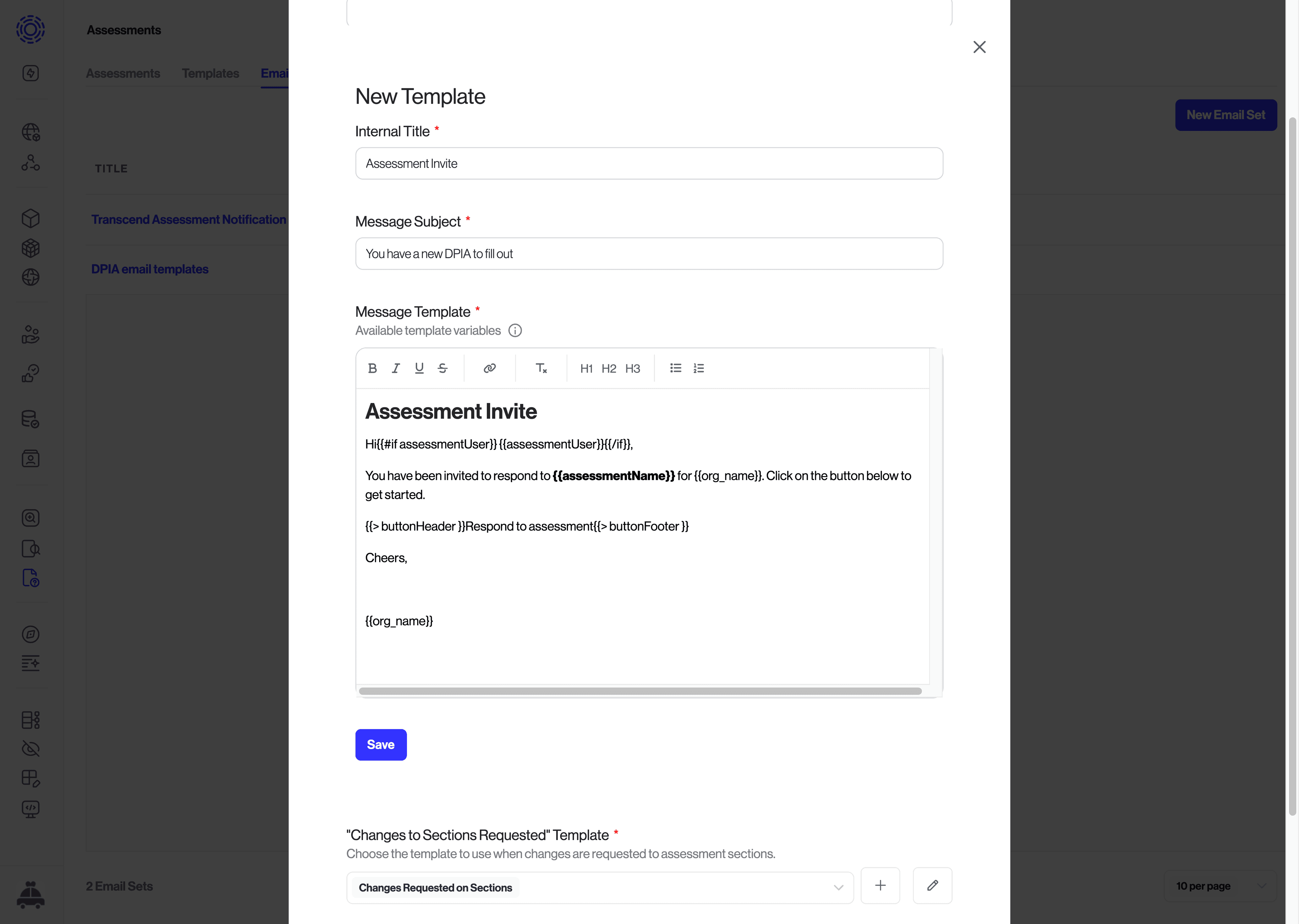 Modal to create a new email template
