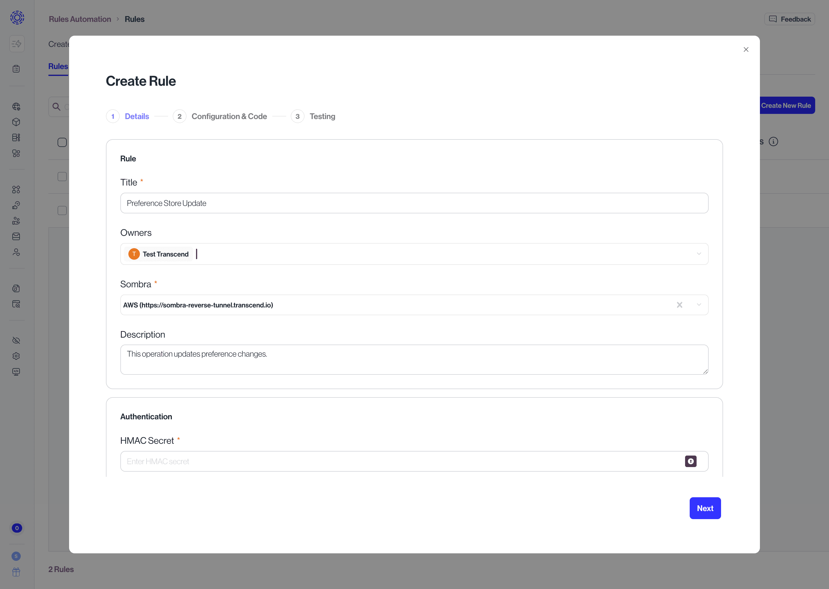 Create Rule wizard open, showing the following fields filled: Title, Owner(s), Sombra, Description.