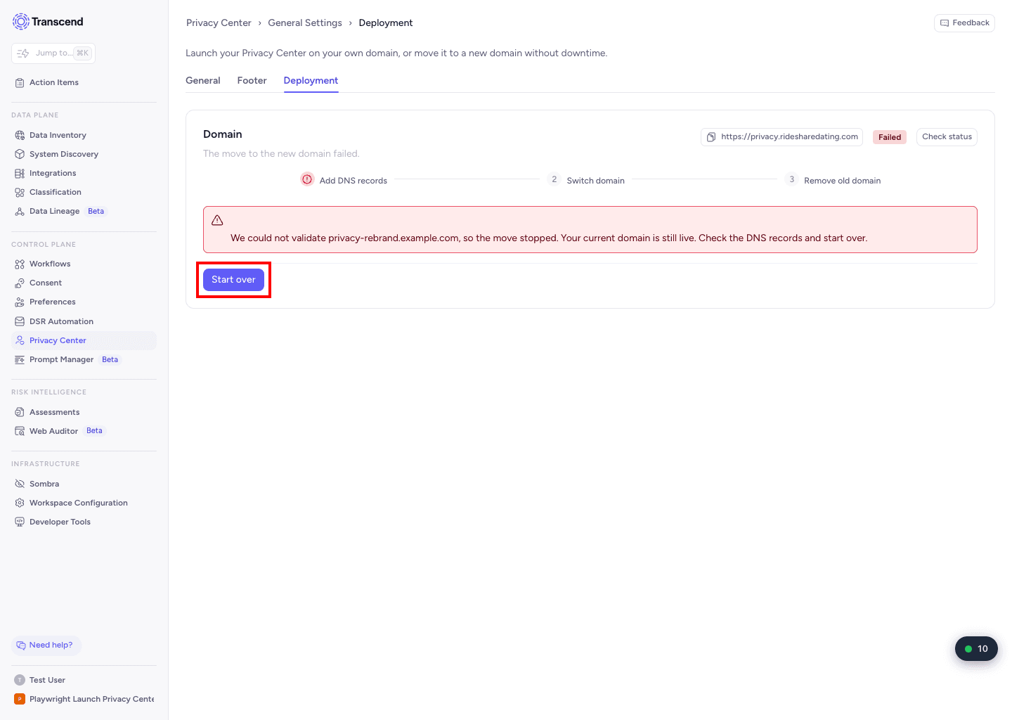 Deployment tab showing a failed move with the Start over button