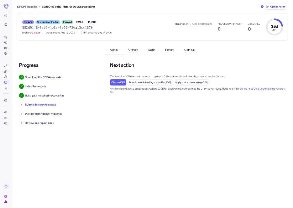 DROP run Status wizard on Submit deletion requests with Choose CSV and Download outstanding starter file