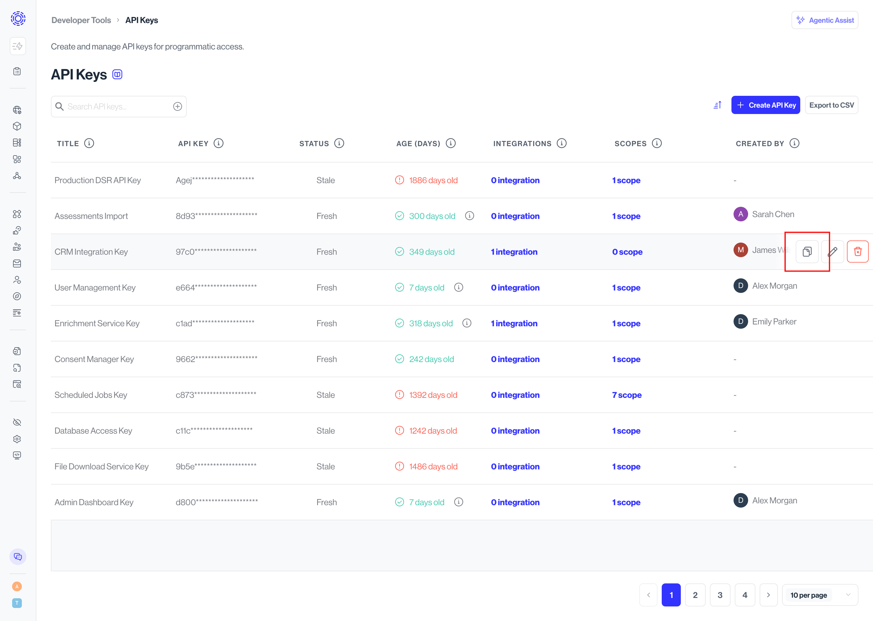 Dev Tools > API Keys, duplicate key highlighted view