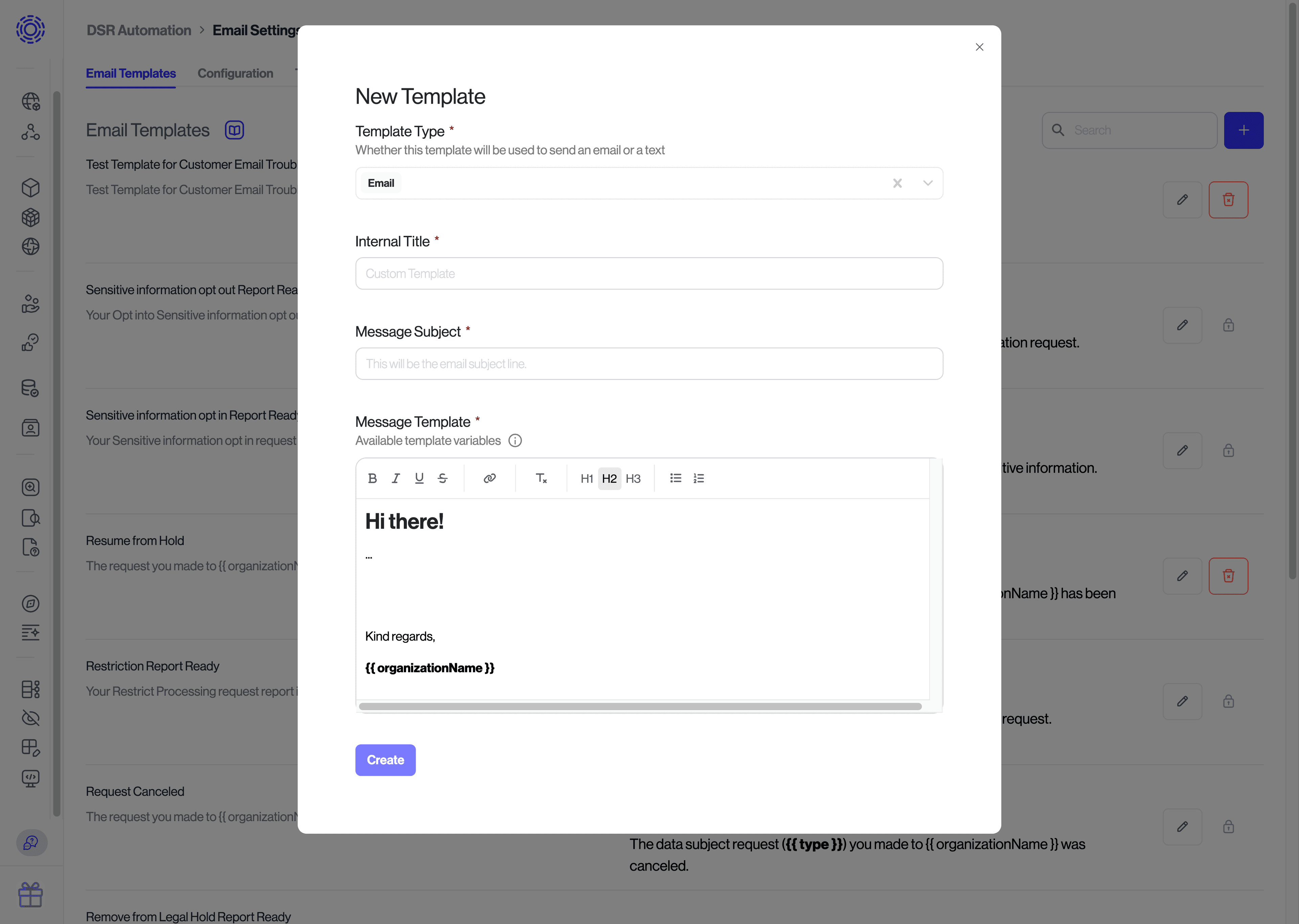 DSR Automation > Email Settings > Email Templates, Request Canceled template view