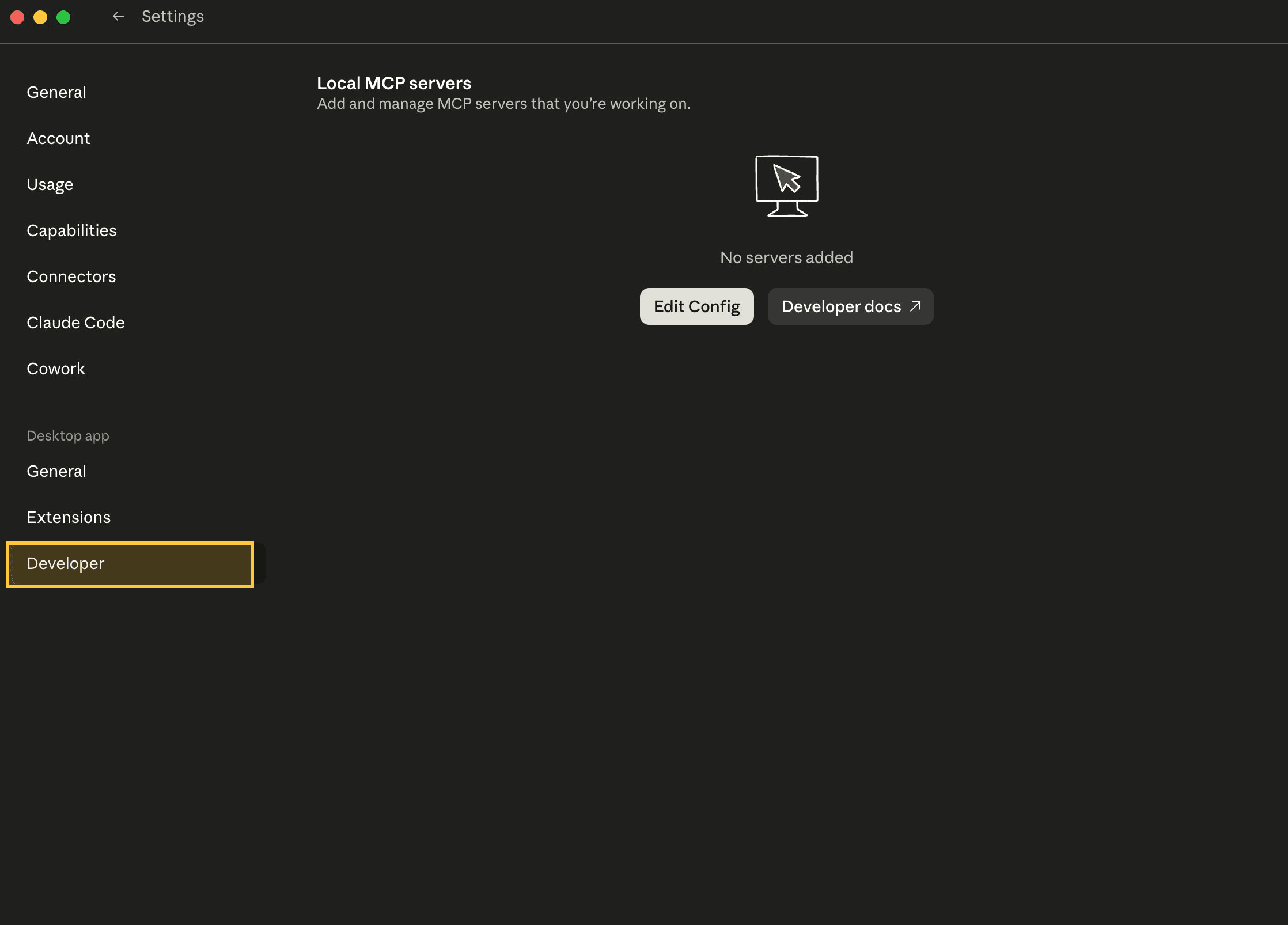 Developer highlighted in Settings in Claude Desktop.